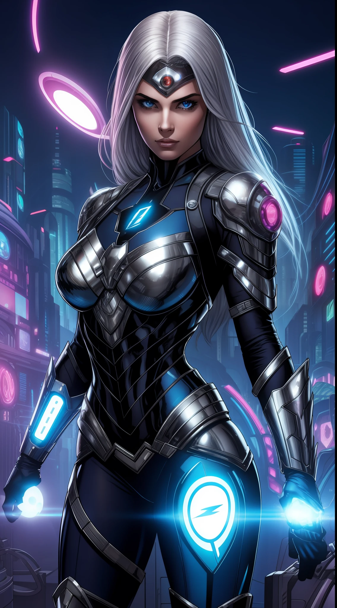 Uma mulher linda e sexy maligna de longos cabelos brancos que ostenta uma figura majestosa,que possui um corpo bem sexy, Dressed in futuristic cyberpunk armor that glows with shades of silver and electric blue. possui olho azuis que brilha com a energia temporal, He has hourglass symbols on his arms symbolizing the weaving of time in his hands.