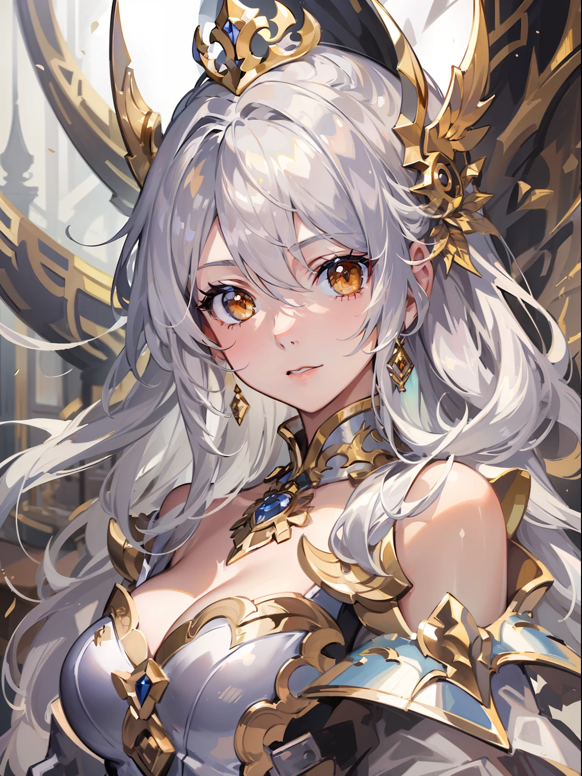 (Masterpiece level:1.4) Ultra-detailed picture quality, Beautiful silver-haired girl, Golden eyes, Elegant aristocratic countenance, Wears silver armor, Armor gold pattern, Best 8K quality, Optimal color rendering, Best shadow effect, adolable, Raised sexy，big breasts beautiful。