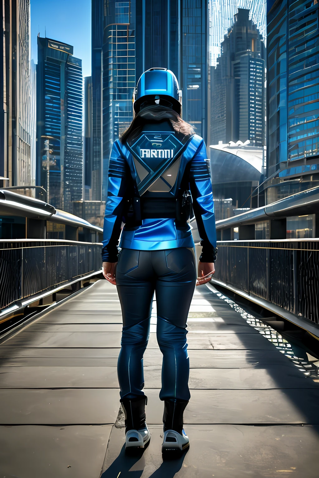 (rear) extreme wide shot of 25-year-old (guatemalan woman holding a virtual ((map)) in front of her, with scyberpunk helmet, standing in front of a futuristic cityscape), (((wearing sci-fi blue and silver clothes))), looking straight forward, cyberpunk blue ambience, mist, best quality masterpiece, photorealistic, detailed, 8k, HDR, shallow depth of field, broad light, bloom, sunlight, sunflares, bokeh, light sparkles, chromatic aberration, sharp focus, RAW color photo, analog style