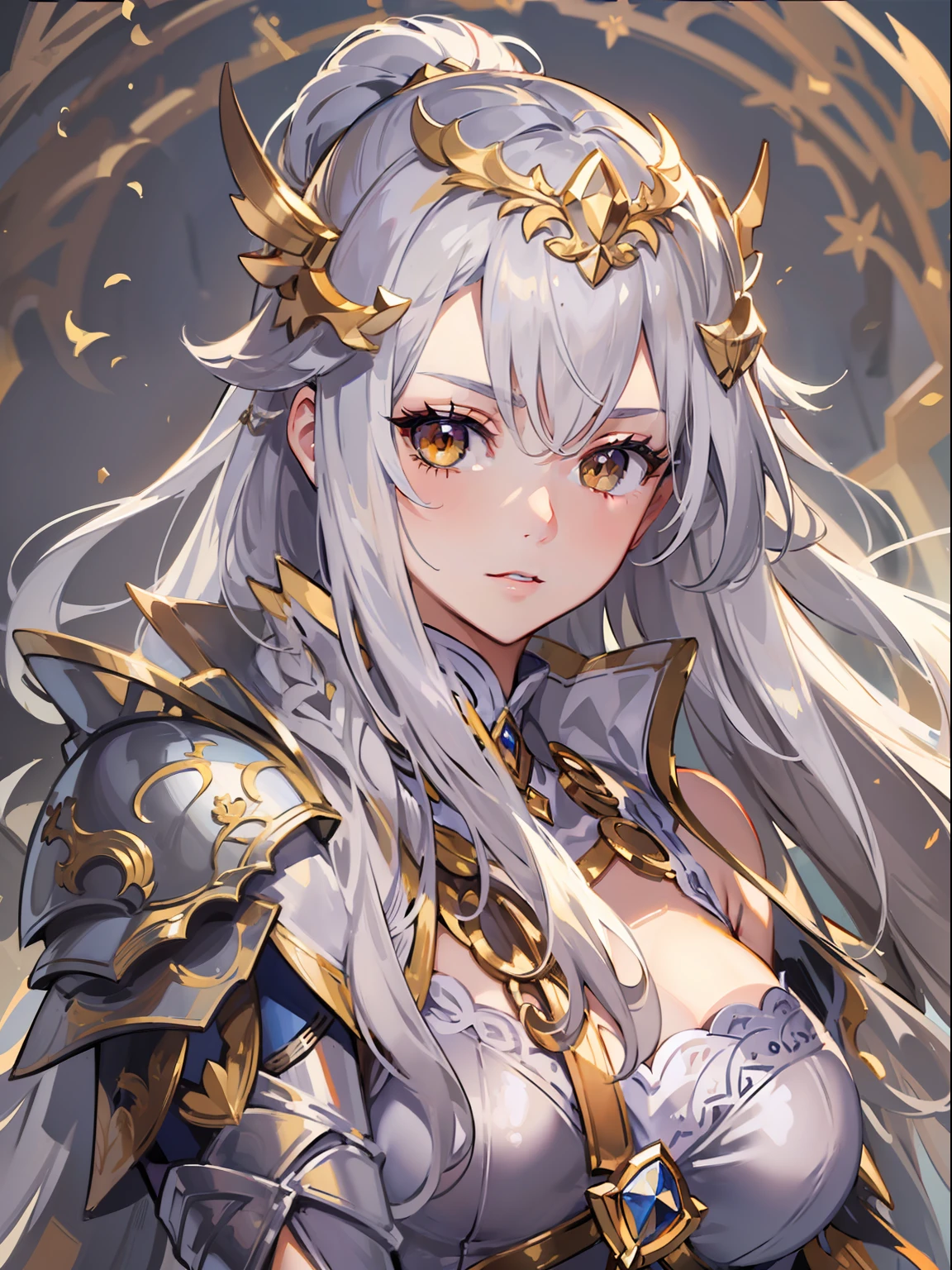 (Masterpiece level:1.4) Ultra-detailed picture quality, Beautiful silver-haired girl, Golden eyes, Elegant aristocratic countenance, Wears silver armor, Armor gold pattern, Best 8K quality, Optimal color rendering, Best shadow effect, adolable, Raised sexy，big breasts beautiful。