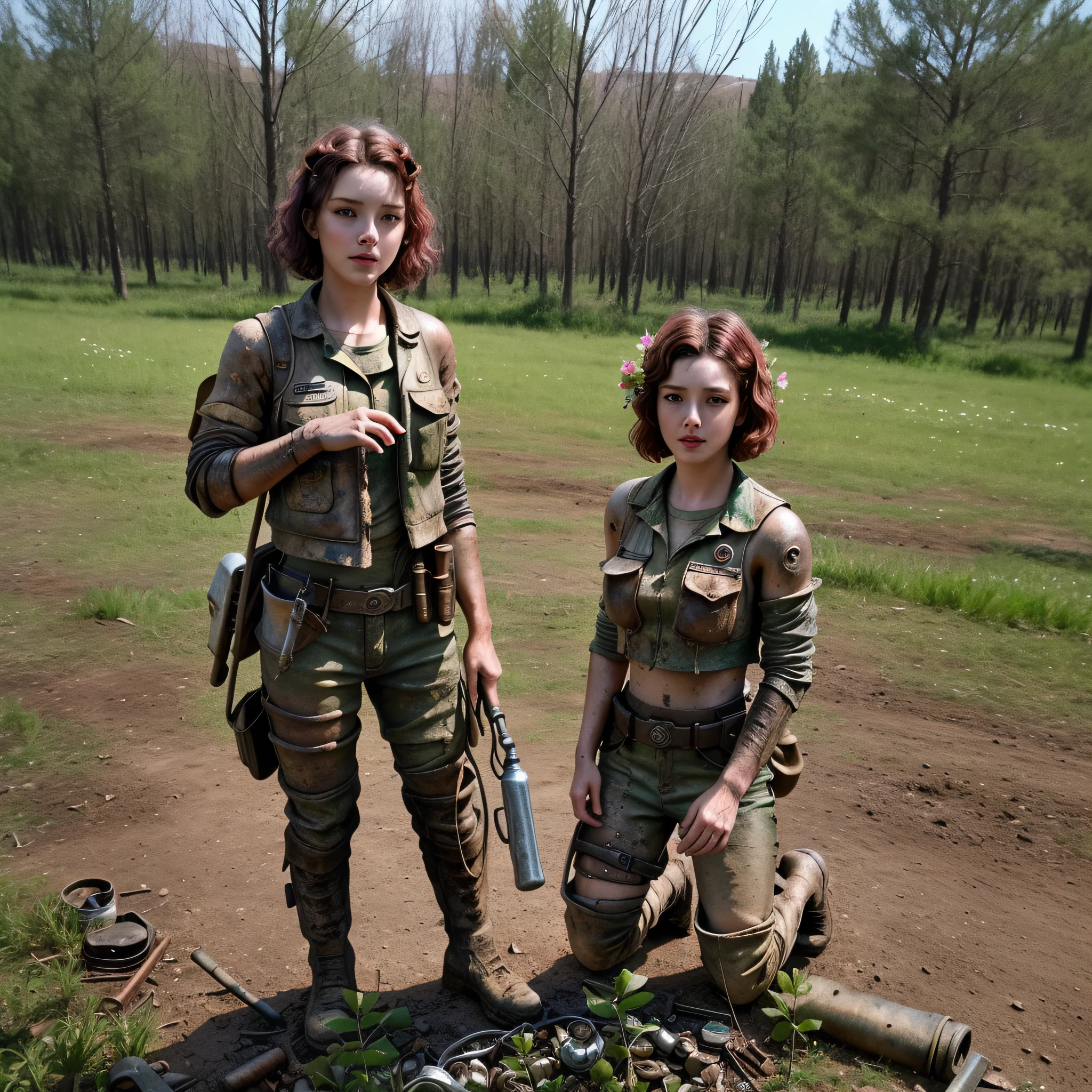 (Highest Quality, 4k, masterpiece, Amazing Details:1.1), kneeling, (forrest|fantasy), ((((post apocalyptic mechanic woman)))), thin eyebrows, wavy short hair with flower hair ornament, ((aquarell:1.2)), (full body)