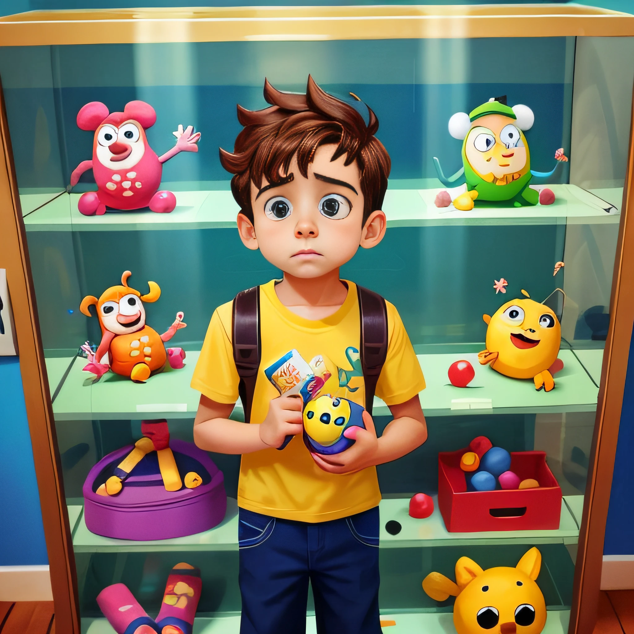 Lucas olhando a vitrine de uma loja de brinquedos cheio de jogos e bonecos, and sad that I don't have the money to buy them