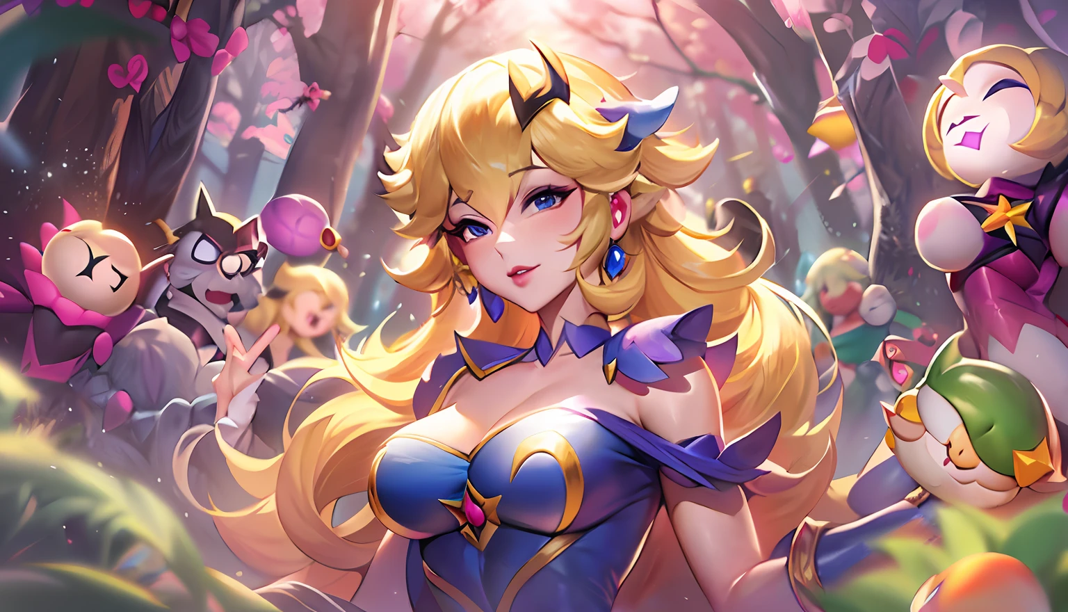 (Princess Peach: 1.5),(Sexy superheroine:1.2),(magical forest:1.2),(fofosexyrobutts:1.2),(Rossdraw 2.5:1.1),(KDA:1.1),(WLOP:1.1),(Sakimichan:1.1),(Aquarela:1.2)