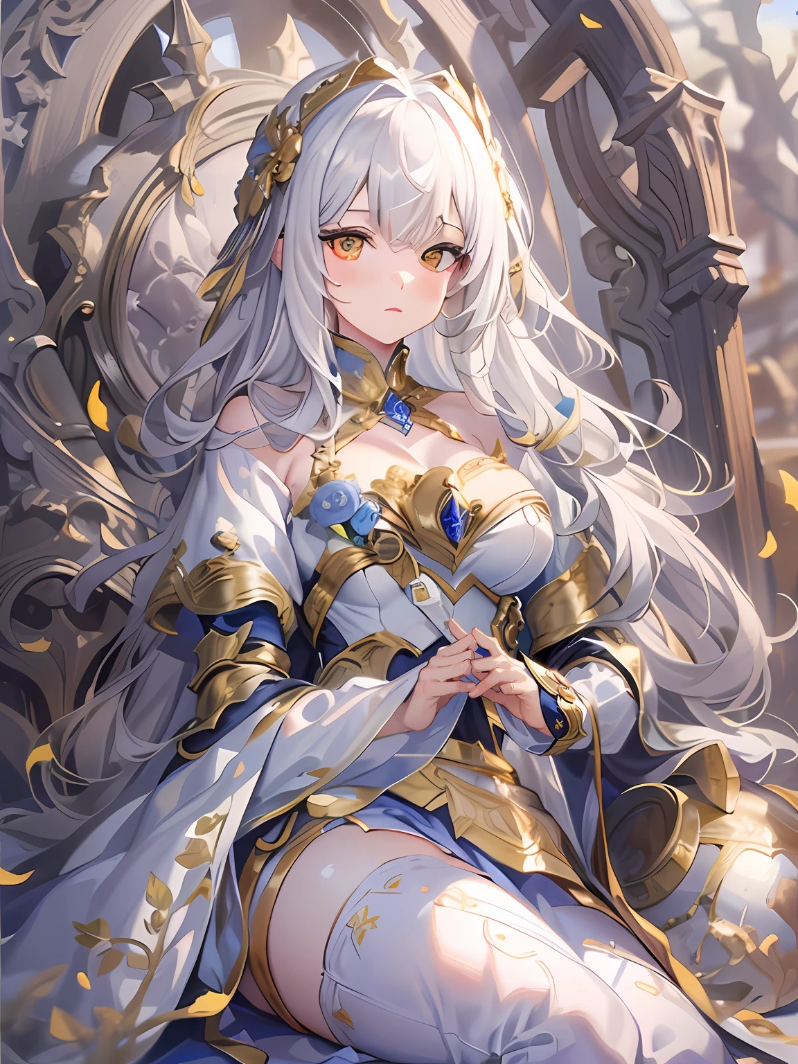 (Masterpiece level:1.4) Ultra-detailed picture quality, Beautiful silver-haired girl, Golden eyes, Elegant aristocratic countenance, Wears silver armor, Armor gold pattern, Best 8K quality, Optimal color rendering, Best shadow effect, adolable, Raised sexy,big breasts beautiful,Full body like