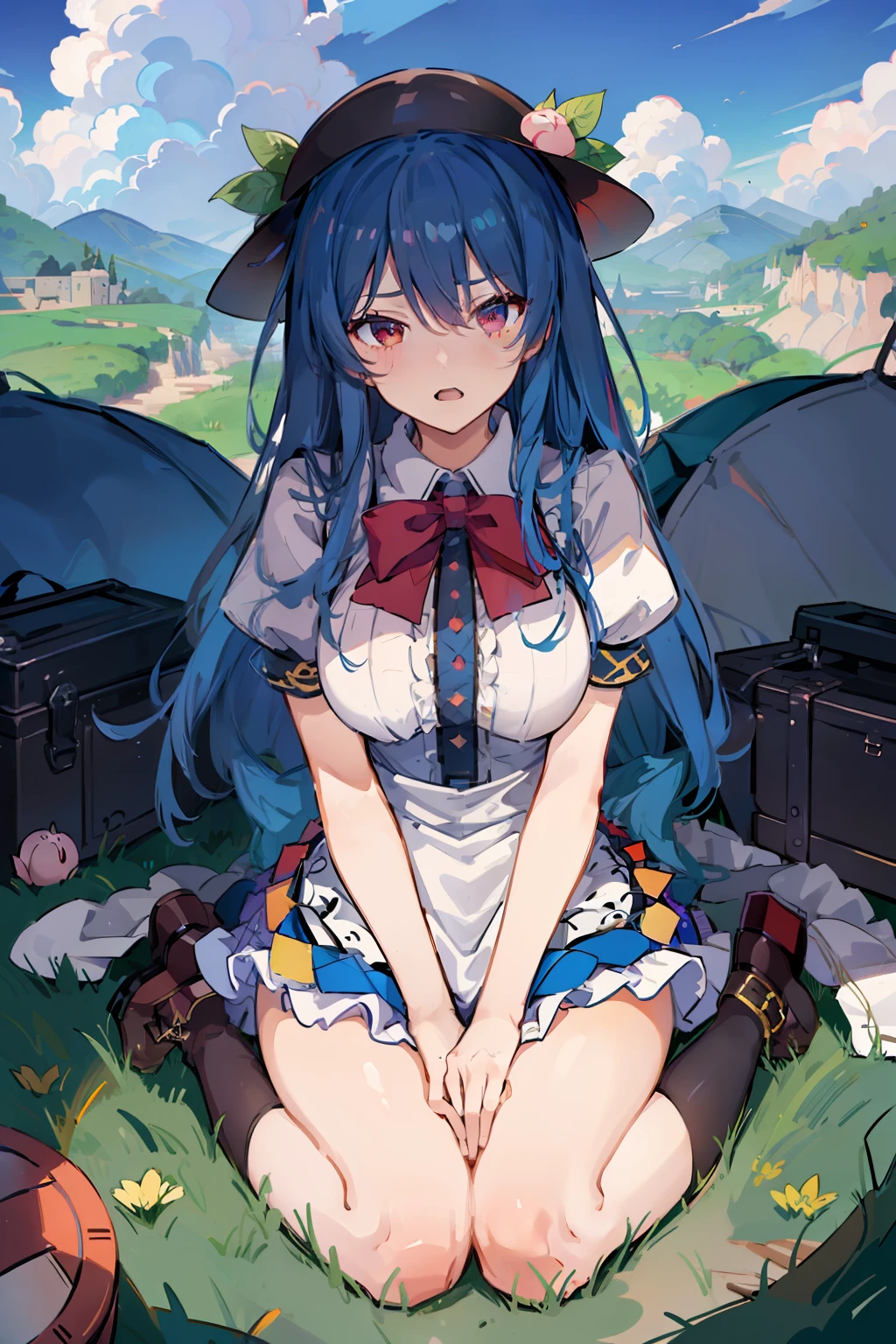 (masterpiece),best quality, expressive eyes, perfect face,w sitting, w sitting on ground, legs on ground, 1girl,
big breast, H-cup, good breast, hands on waist,beautiful, gorgeous,anime,girl,lora,hinanawi tenshi, blue hair, blue haired,tent boobs, tent chest, tent breast, floating clothes