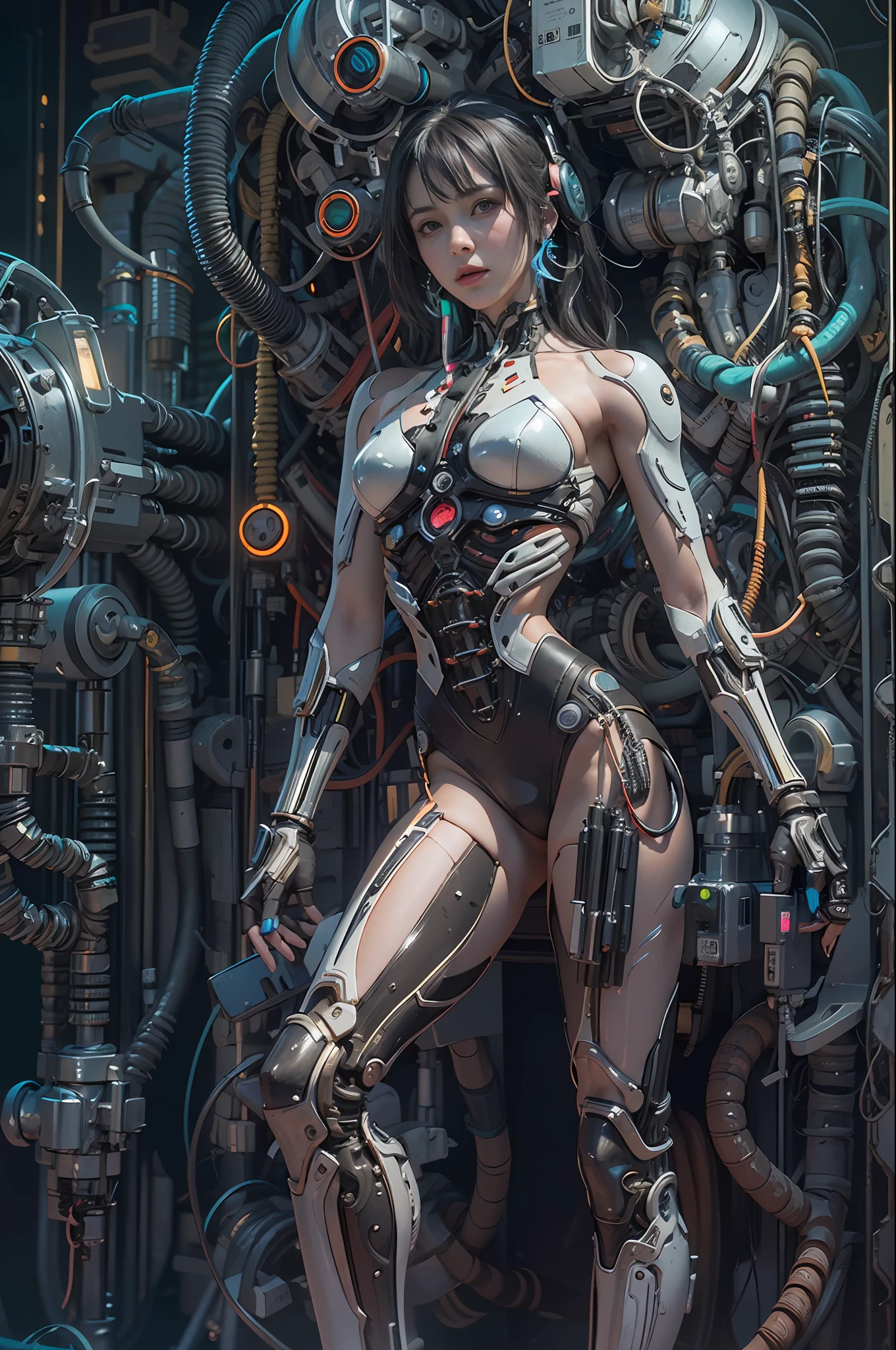 Top Quality, Masterpiece, Ultra High Resolution, ((Photorealistic: 1.4), Raw Photo, 1 cyberpunk Girl, Glossy Skin, 1 Mechanical Girl, (Ultra Realistic Details)), mechanical limbs, tubes connected to the mechanical parts, mechanical vertebrae attached to the spine, mechanical cervical attachment to the neck, wires and cables connecting to the head, Evangelion, Ghost in the Shell, small glowing LED lamps, global lighting, deep shadows, Octane Rendering, 8K, Ultra Sharp, Metal, Intricate Ornament Details, baroque details, Very intricate details, realistic light, CGSoation trend, facing the camera, neon details, (android manufactory in background), art by H.R. Giger and Alphonse Mucha.