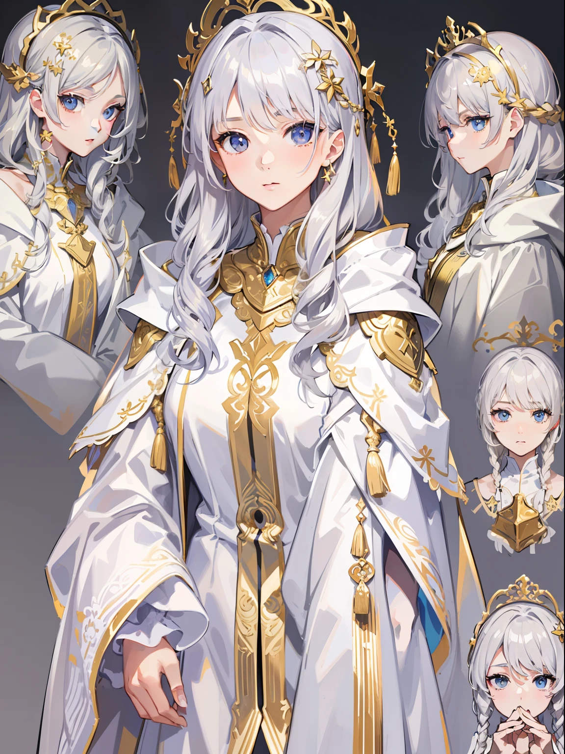 (Masterpiece level:1.4)Ultra-detailed picture quality(Beautiful silver-haired girl:1.4),blonde eyes,Elegant aristocratic countenance,wearing white robes with,Robe gold pattern,Best 8K quality,Optimal color rendering,Best shadow effect,Full body like,s girl