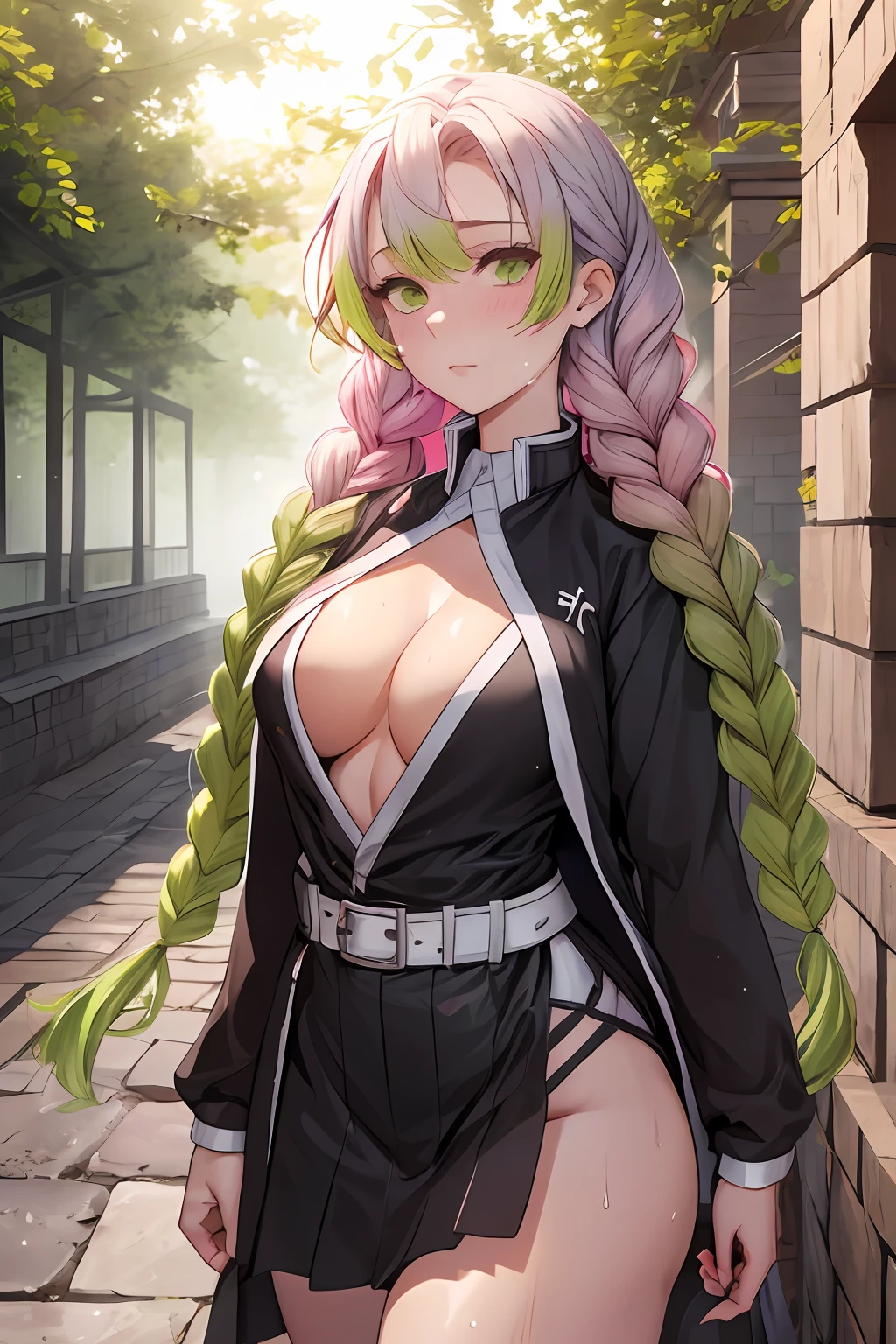 beautiful, (best quality, masterpiece, super detailed: 1.5), perfect lighting, shiny, hires, nature, cobblestone, steam, blue sky, in the distance, whole body, face focus, 1girl, Mitsuri (demon slayer), beautiful girl, beautiful face ((Mitsuri (demon slayer))), a girl with long green-pink gradient hair and green eyes in a long-sleeved jacket with a neckline, white haori, a black skirt with a silver belt and green striped hips,   pink hair, green hair, gradient hair, multicolored hair, long hair, bangs, double braids, green eyes, demon slayer uniform, long sleeve jacket, white haori, black skirt, silver belt, green striped thighs, blush, sweat, realistic, chest, wide hips, (thick barbells: 0.9), décolleté, standing, hands behind your back, viewer look, erotica