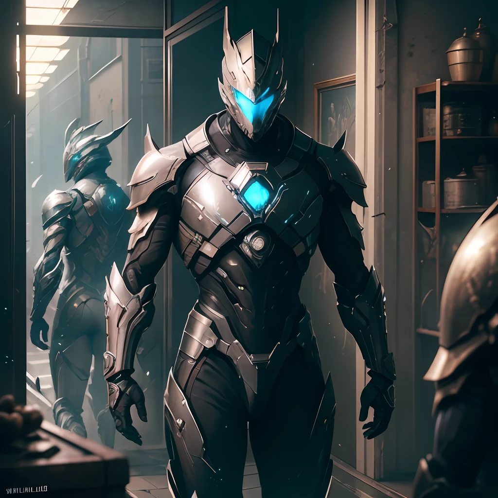 future warrior,Mechanical Warframe,The texture of the armor is delicate,Metallic,Mirror-like reflection,Dilapidated city,Full of details,Dingdall effect