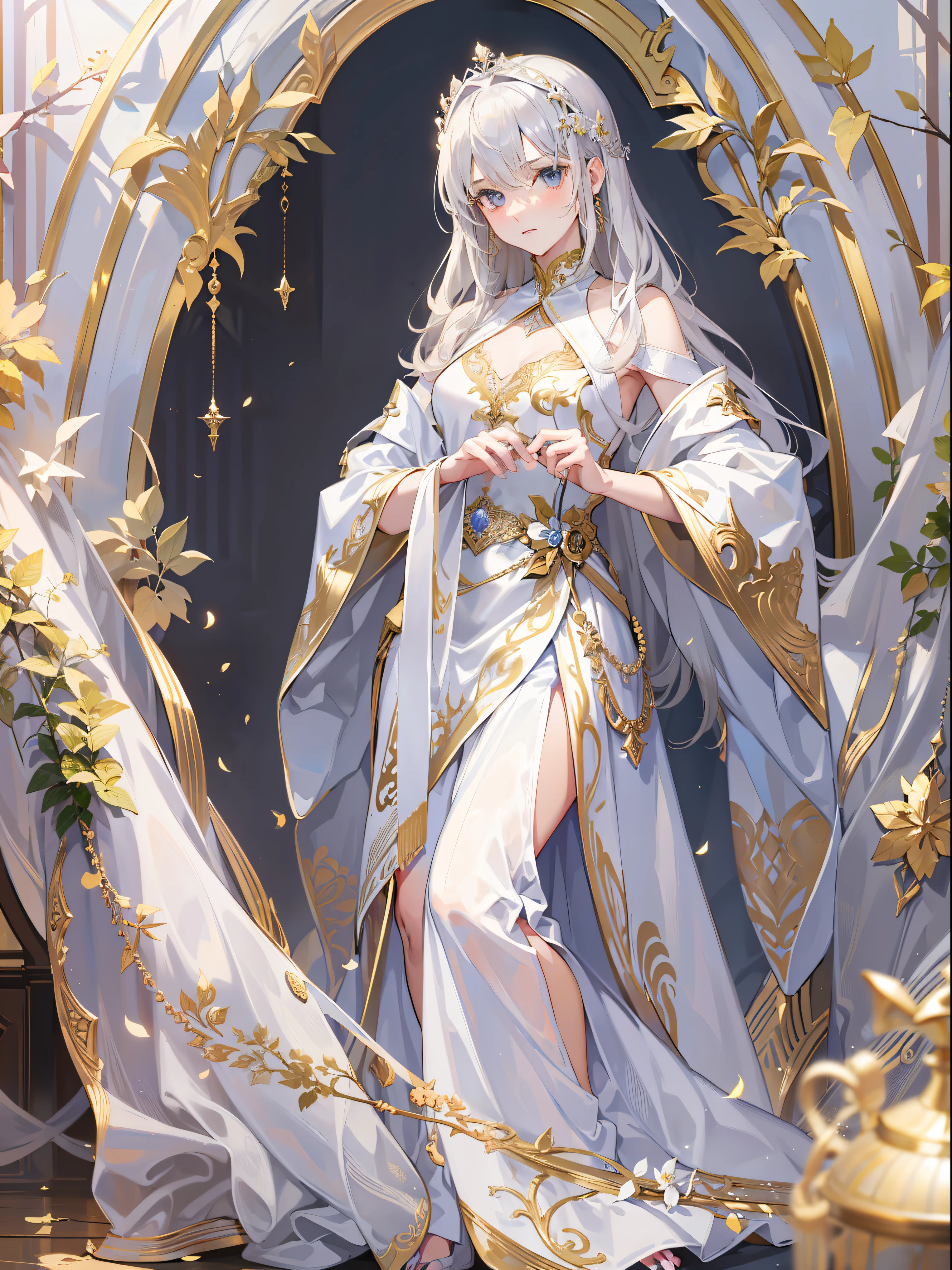 (Masterpiece level:1.4)Ultra-detailed picture quality(Beautiful silver-haired girl:1.4),blonde eyes,Elegant aristocratic countenance,wearing white robes with,Robe gold pattern,Best 8K quality,Optimal color rendering,Best shadow effect,Full body like,teens girl