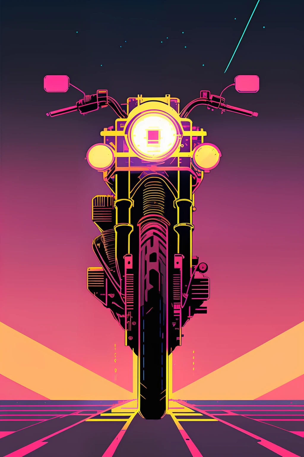 (nvinkpunk:1.2) snthwve style motorcyle, lightwave, sunset, intricate, highly detailed