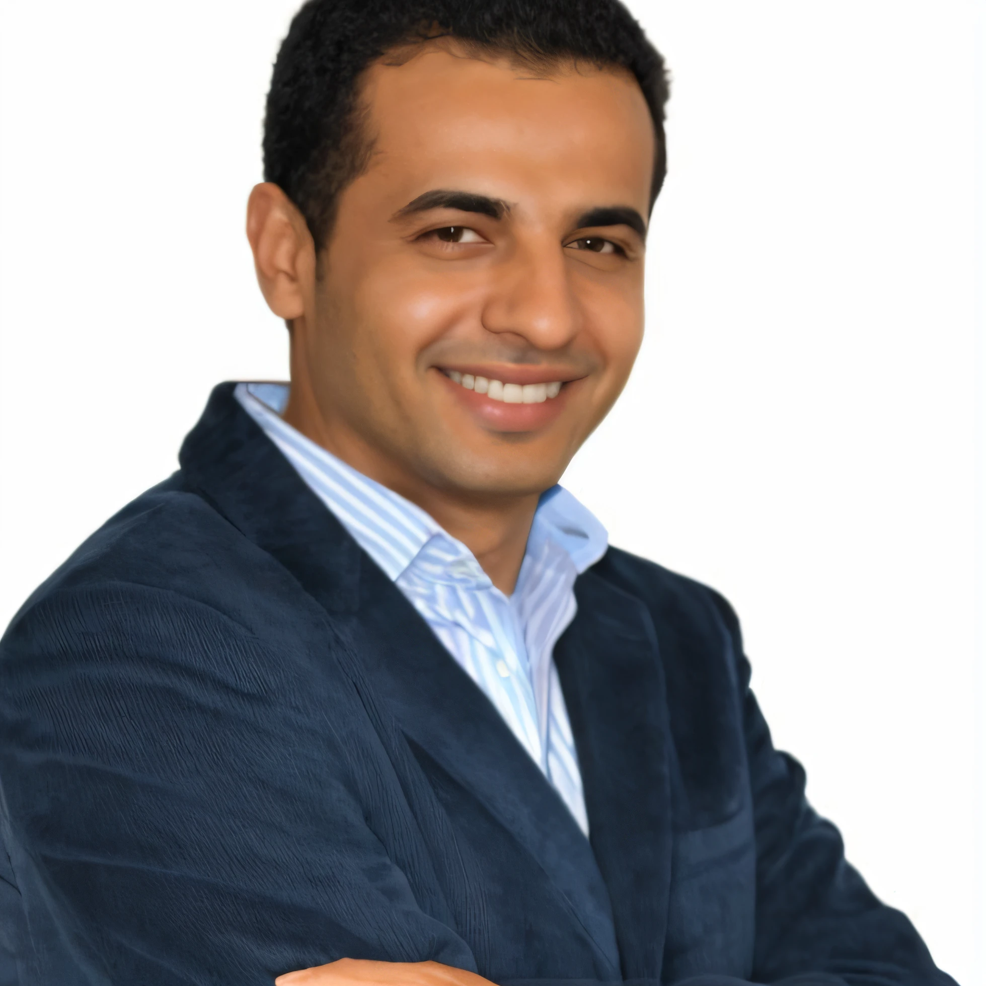 Smiling man in a blue jacket and blue shirt with arms crossed, Mohamed Chahin, Amr Elshamy, Hicham Habchi, Mohamed Reda, Ahmad Merheb, foto do perfil, foto de perfil profissional, foto de perfil headshot, Farid Ghanbari, Riyahd Cassiem, Jamel Shabbaz, Ted Nasmit, Christophe Jovem Eytan Zana, imagem de perfil