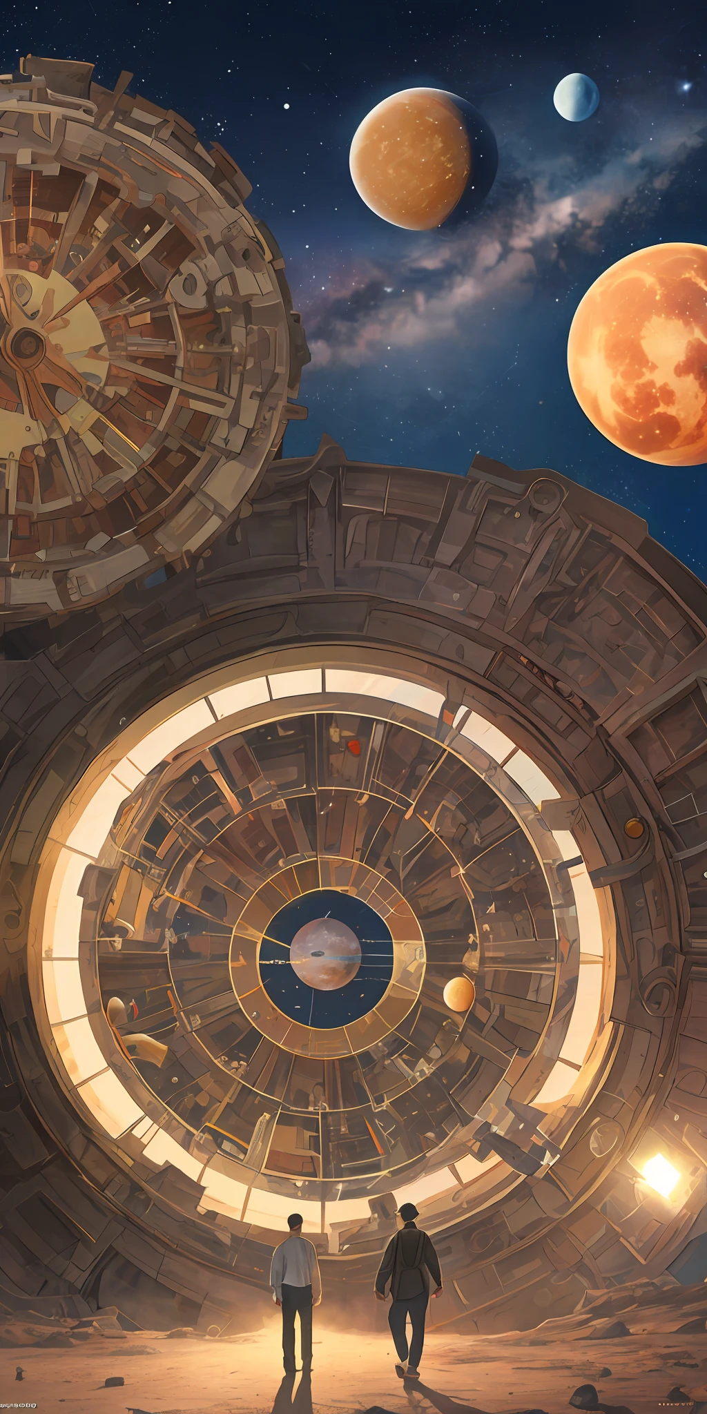 bored people wandering through mechanical devices of science fiction, celestial bodies and ancient symbols, high resolution, HD, size 1920x1080 px --auto --s2