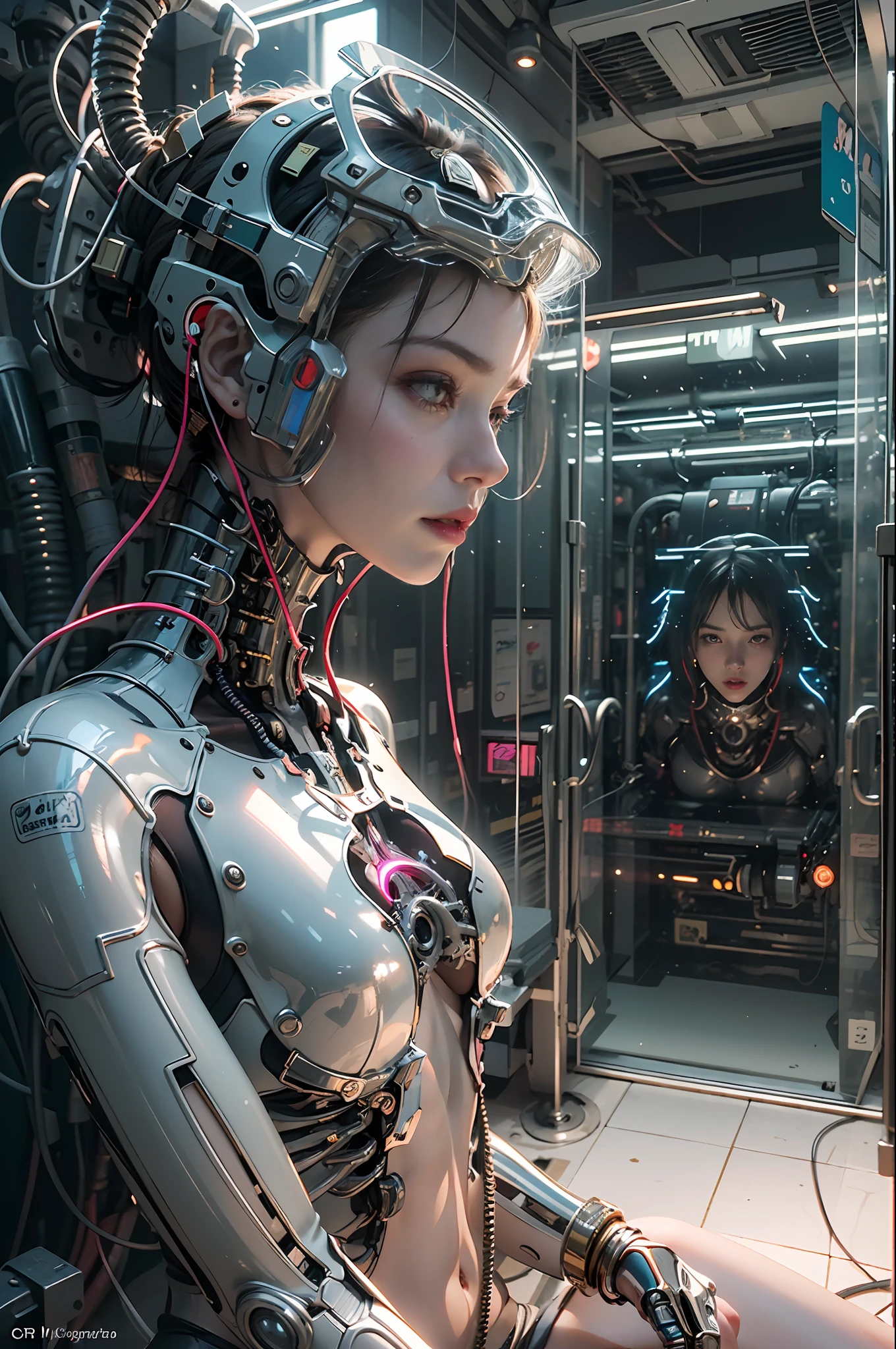 Top Quality, Masterpiece, Ultra High Resolution, ((Photorealistic: 1.4), Raw Photo, 1 cyberpunk Girl, Glossy Skin, 1 Mechanical Girl, (Ultra Realistic Details)), mechanical limbs, tubes connected to the mechanical parts, mechanical vertebrae attached to the spine, mechanical cervical attachment to the neck, wires and cables connecting to the head, Evangelion, Ghost in the Shell, small glowing LED lamps, global lighting, deep shadows, Octane Rendering, 8K, bloom effect, Ultra Sharp, Metal, Intricate Ornament Details, baroque details, Very intricate details, realistic light, CGSoation trend, facing the camera, neon details, (android manufactory in background), art by H.R. Giger and Alphonse Mucha.