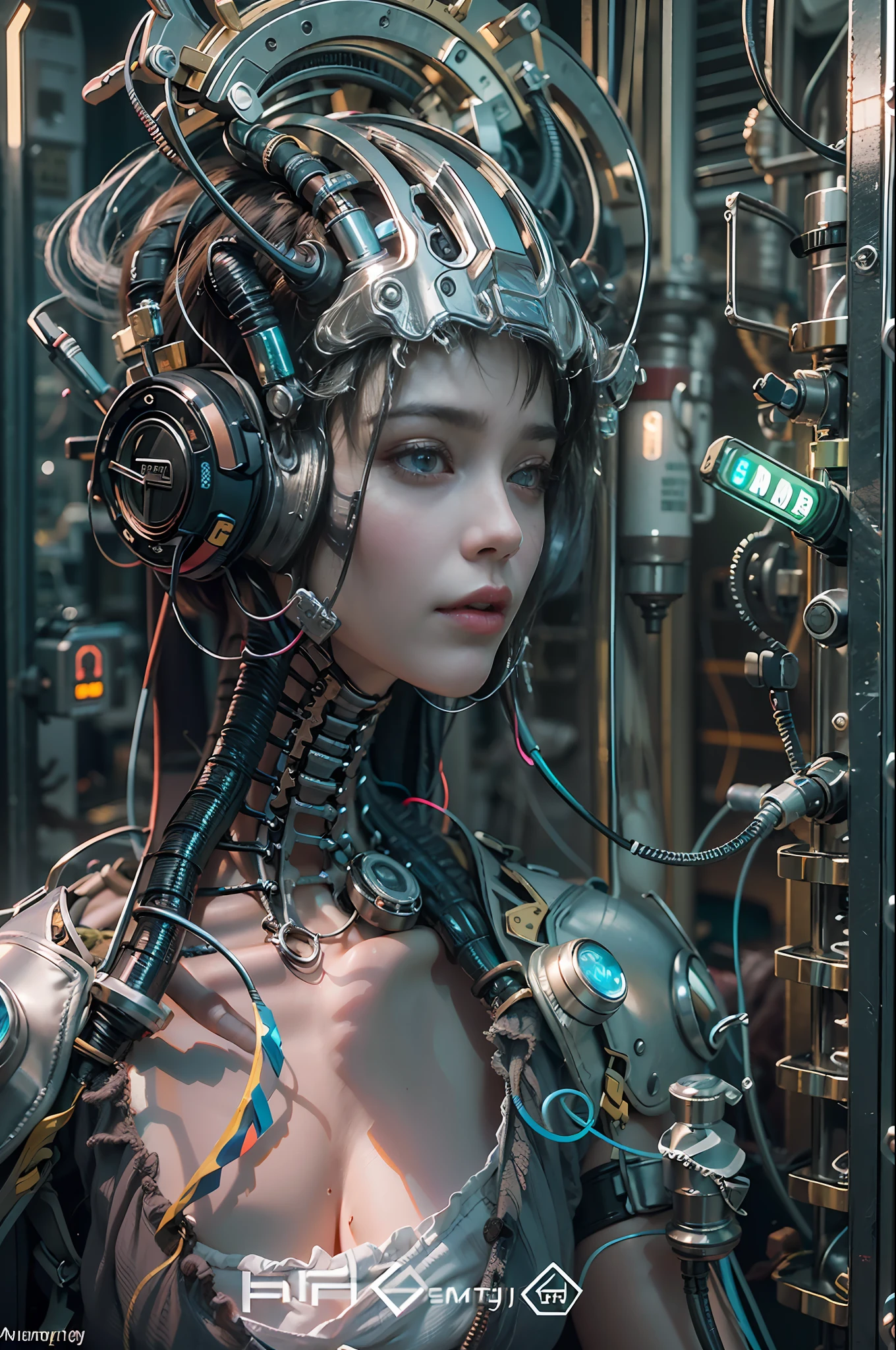 Top Quality, Masterpiece, Ultra High Resolution, ((Photorealistic: 1.4), Raw Photo, 1 cyberpunk Girl, Glossy Skin, 1 Mechanical Girl, (Ultra Realistic Details)), mechanical limbs, tubes connected to the mechanical parts, mechanical vertebrae attached to the spine, mechanical cervical attachment to the neck, wires and cables connecting to the head, Evangelion, Ghost in the Shell, small glowing LED lamps, global lighting, deep shadows, Octane Rendering, 8K, bloom effect, Ultra Sharp, Metal, Intricate Ornament Details, baroque details, Very intricate details, realistic light, CGSoation trend, facing the camera, neon details, (android manufactory in background), art by H.R. Giger and Alphonse Mucha.