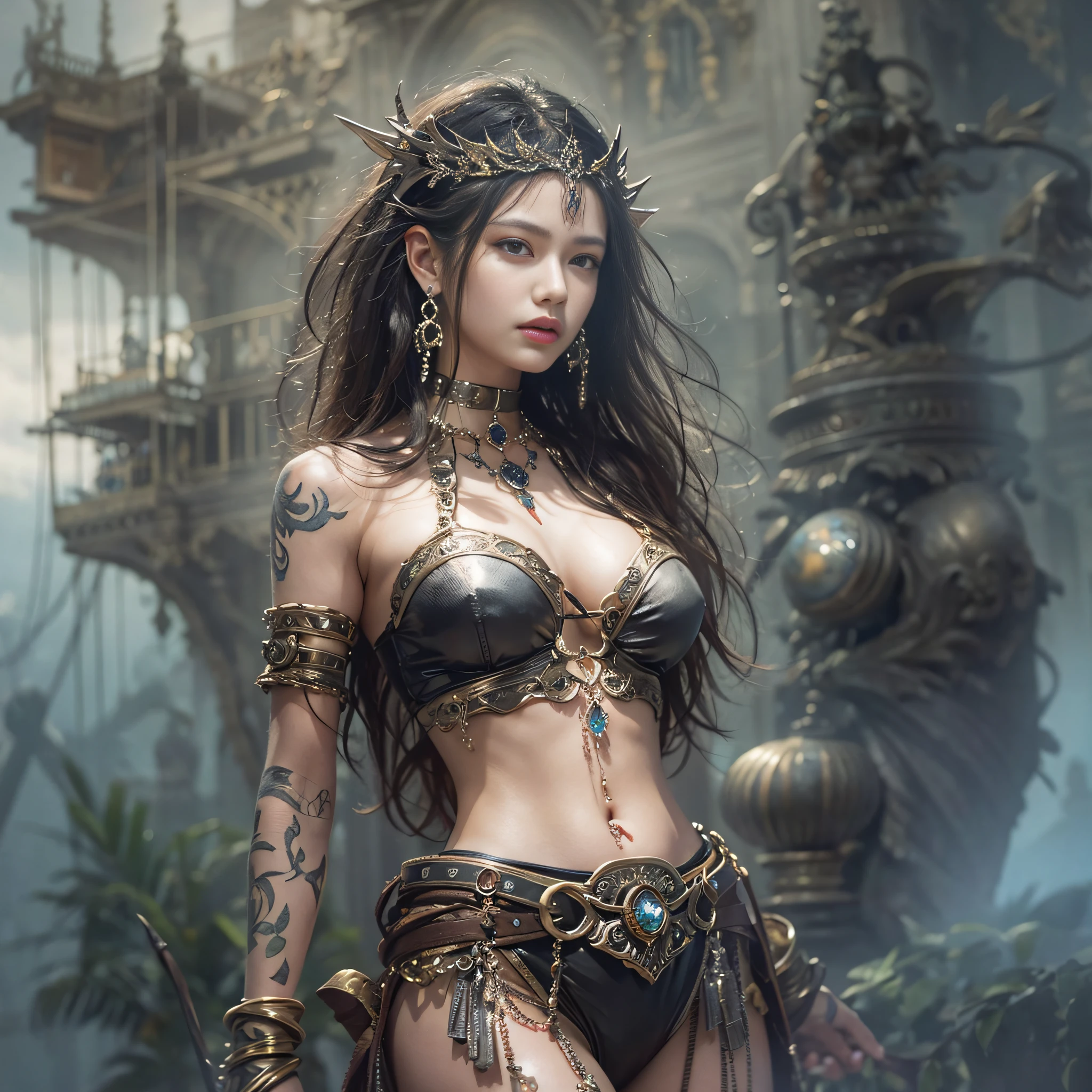 ((masterpiece)、(top-quality)、(reallistic))、beautiful queen、Bondage style、latex shiny、By Luis Royo:1.4、1girl in、Sexy Daughter、Small fashionable tattoos、Attractive earrings with impressive beauty、a choker、a necklace、piercings、Super beauty、Super Ultra Ultra Bikini、standingn、fullllbody、Beauty in return、Fantastic mythological landscape