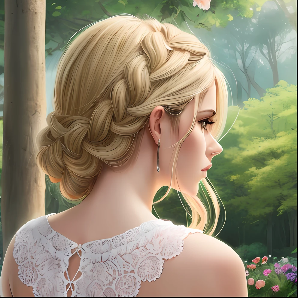 woman from the back, with blonde braided hair and flowers, realistic drawing, wearing a dress in a beautiful landscape --auto --s2
