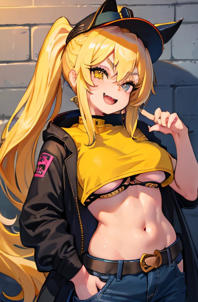 Original character, voluminous lighting, best shadows, Shallow depth of field, Portrait of a stunningly beautiful girl, Petite, Gentle beautiful attractive face with alluring yellow eyes, Sloppy make-up face, Sharp eyebrows, A big smile, opened mouth, fangs, Lovely Medium Breasts , Multi-layered long blonde hair with two ponytails, ruddy eye shadow, Thick eyelashes, Applejack Hat, Big pop jacket, Mini Underboob Tee, open belly button, skinny waist, denim pants, With belt with buckle, There is graffiti in the alley, Garbage container, Outside Stairs, Outdoor Unit, Holding a can of paint, standingn, (topquality, Amazing details: 1.25), (独奏: 1.3), Яркие красочные картины illustration in the style of glass morphism