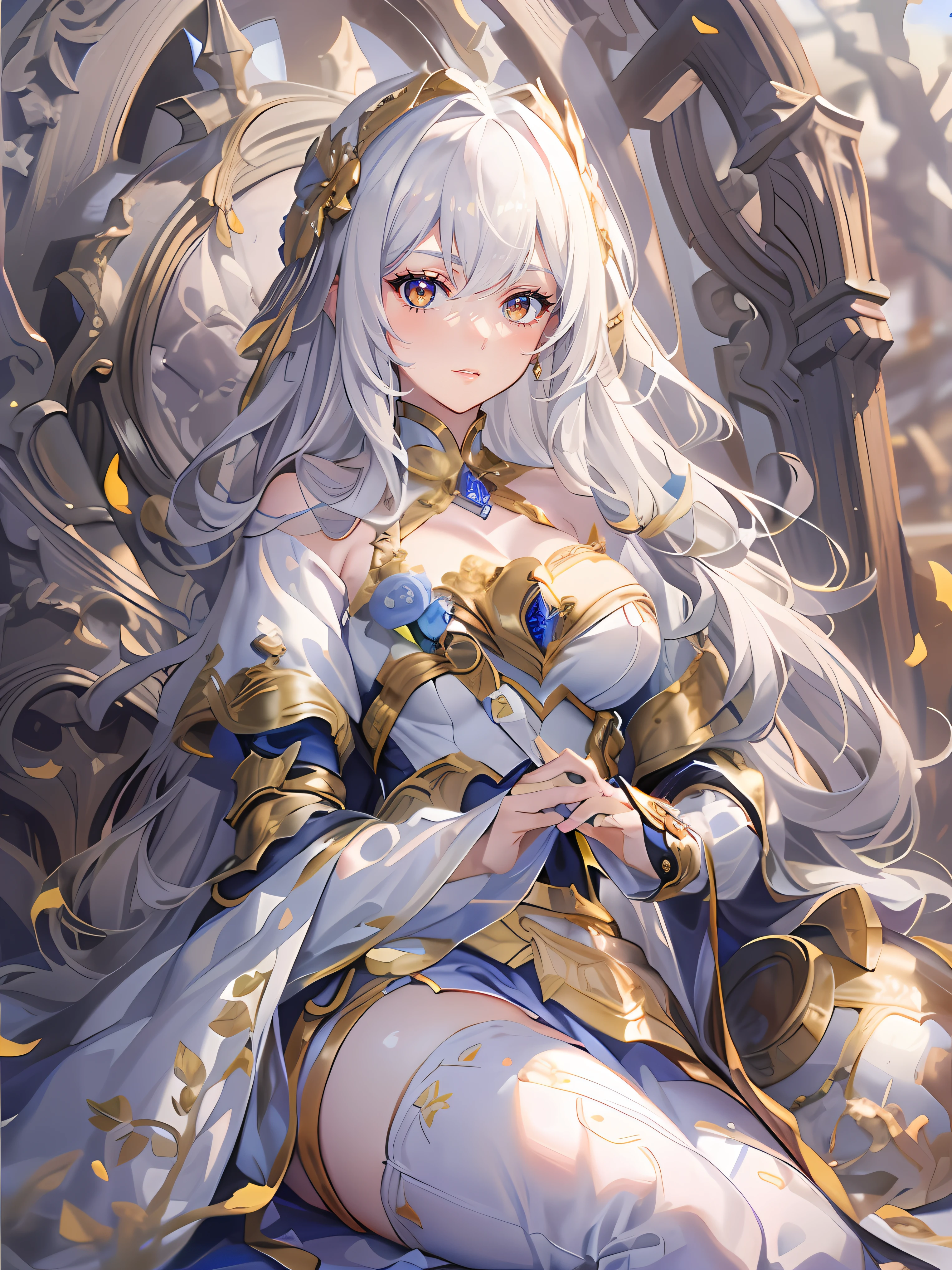 (Masterpiece level:1.4) Ultra-detailed picture quality, Beautiful silver-haired girl, Golden eyes, Elegant aristocratic countenance, Wears silver armor, Armor gold pattern, Best 8K quality, Optimal color rendering, Best shadow effect, adolable, Raised sexy,big breasts beautiful,Full body like