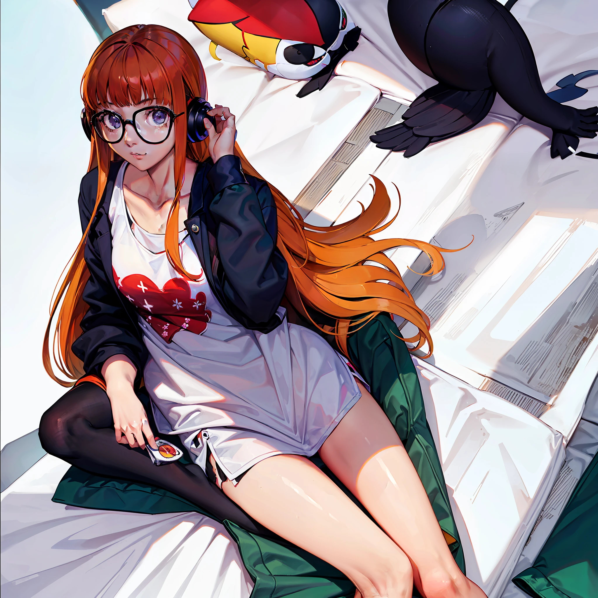 1 ******, Futaba, Futaba Sakura de Persona 5, de pijama, sentada em uma cama, olhando para o viewer envergonhada, intrincada, obra-prima, detalhes suaves