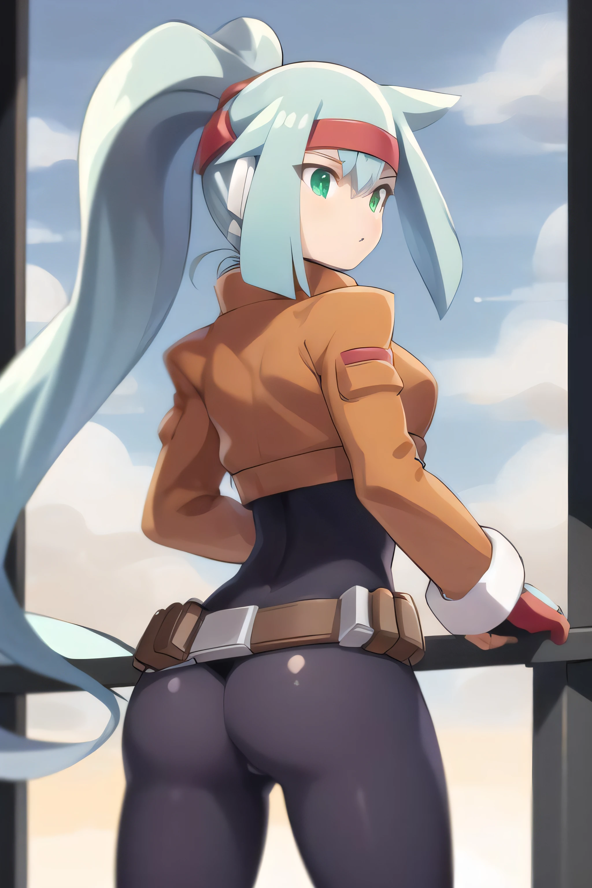 ashe_megamanzxa, 1girl, solo, long hair, gloves, green eyes, ponytail, blue hair, bodysuit, from behind, ass focus, looking away, masterpiece, high quality,
