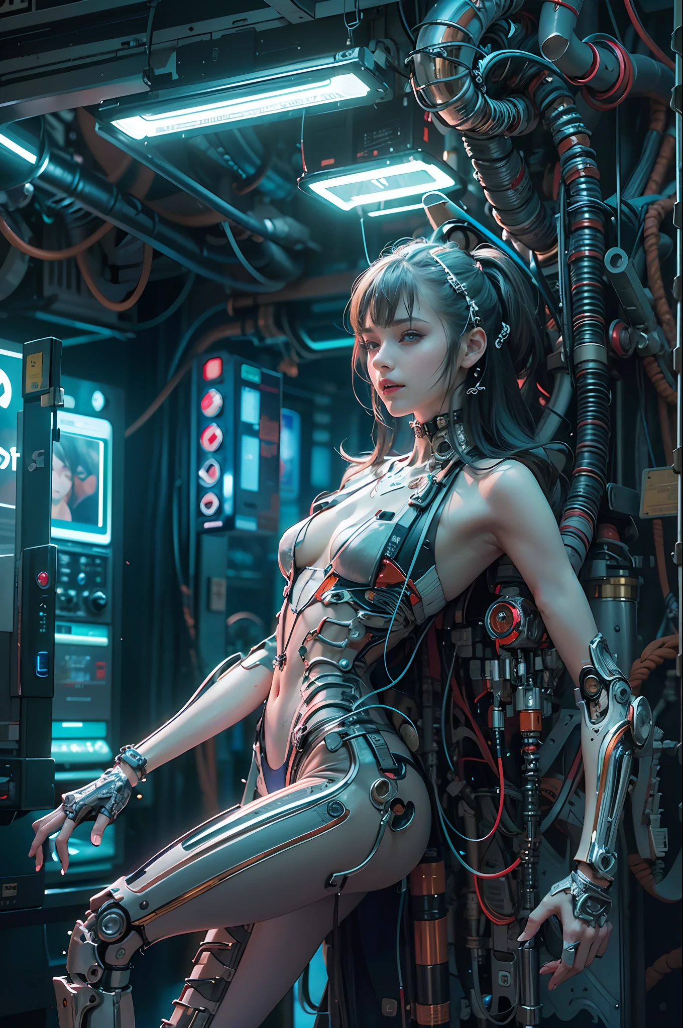 Top Quality, Masterpiece, Ultra High Resolution, ((Photorealistic: 1.4), Raw Photo, 1 cyberpunk Girl, Glossy Skin, 1 Mechanical Girl, (Ultra Realistic Details)), mechanical limbs, tubes connected to the mechanical parts, mechanical vertebrae attached to the spine, mechanical cervical attachment to the neck, wires and cables connecting to the head, Evangelion, Ghost in the Shell, small glowing LED lamps, global lighting, deep shadows, Octane Rendering, 8K, Ultra Sharp, Metal, Intricate Ornament Details, baroque details, Very intricate details, realistic light, CGSoation trend, facing the camera, neon details, (android manufactory in background), art by H.R. Giger and Alphonse Mucha.
