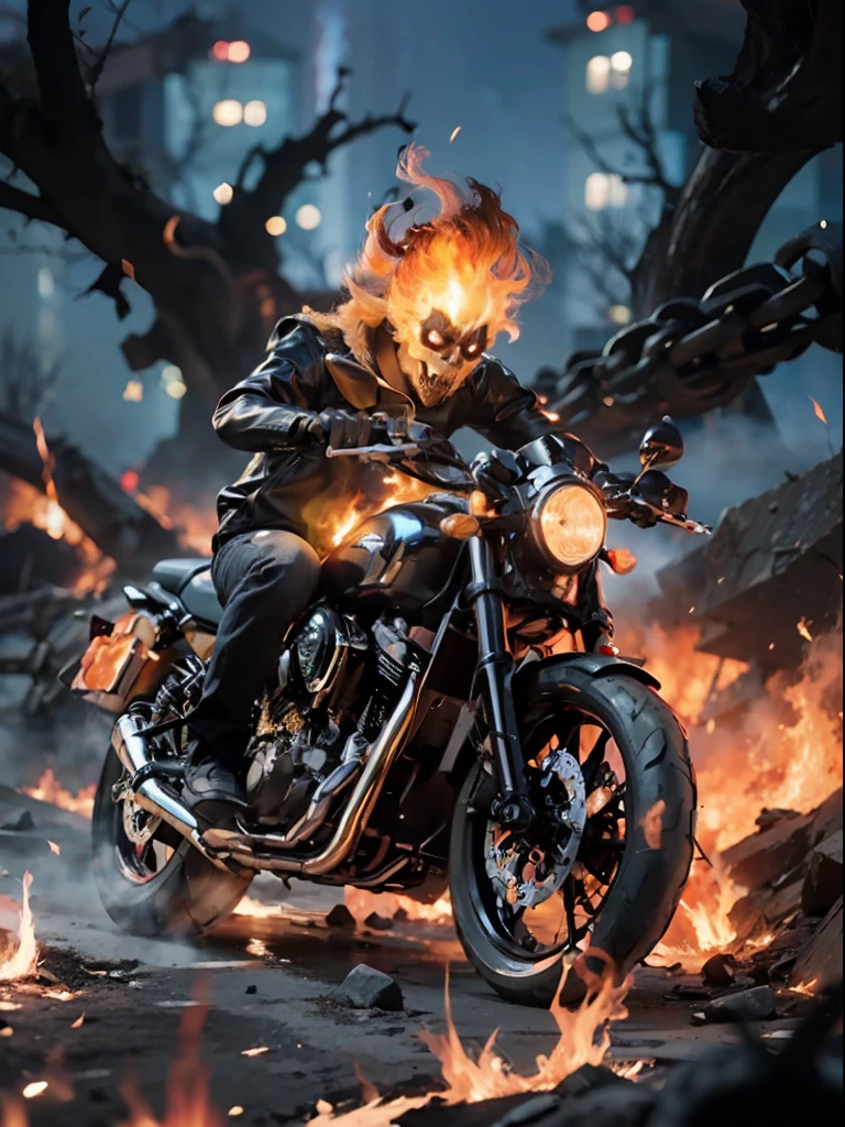 /imagine prompt: Ghost Rider, the fiery spirit of vengeance, astride a roaring motorcycle, tearing through the depths of the underworld. The scene is set in a desolate and infernal landscape, with flames and lava cascading around him. Ghost Rider's skeletal face is ablaze with ethereal blue flames, and his eyes emit an intense glow that pierces through the darkness.

The motorcycle's wheels leave a trail of fire as chains, wreathed in mystic energy, lash out like whips, adding a sense of dynamic motion to the image. The chains intertwine with the motorcycle, symbolizing Ghost Rider's eternal bond with his infernal vehicle.

The image is rendered with a combination of photorealism and surrealism, capturing the hellish surroundings with intricate detail while infusing the character with an otherworldly quality. The colors are a blend of fiery reds, glowing blues, and deep, ominous blacks, creating a striking contrast that enhances the intensity of the scene.

The mood is one of ominous power and relentless fury, as Ghost Rider embarks on his never-ending quest for justice and retribution. --ar 16:9 --v 5 --q 2