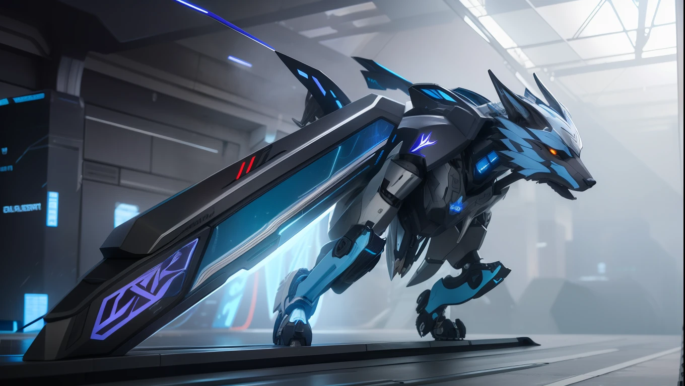 Silver-blue mech wolf,Mechanical skin,Creeping attack stance,Silver-toned mechanical joint wing detailing