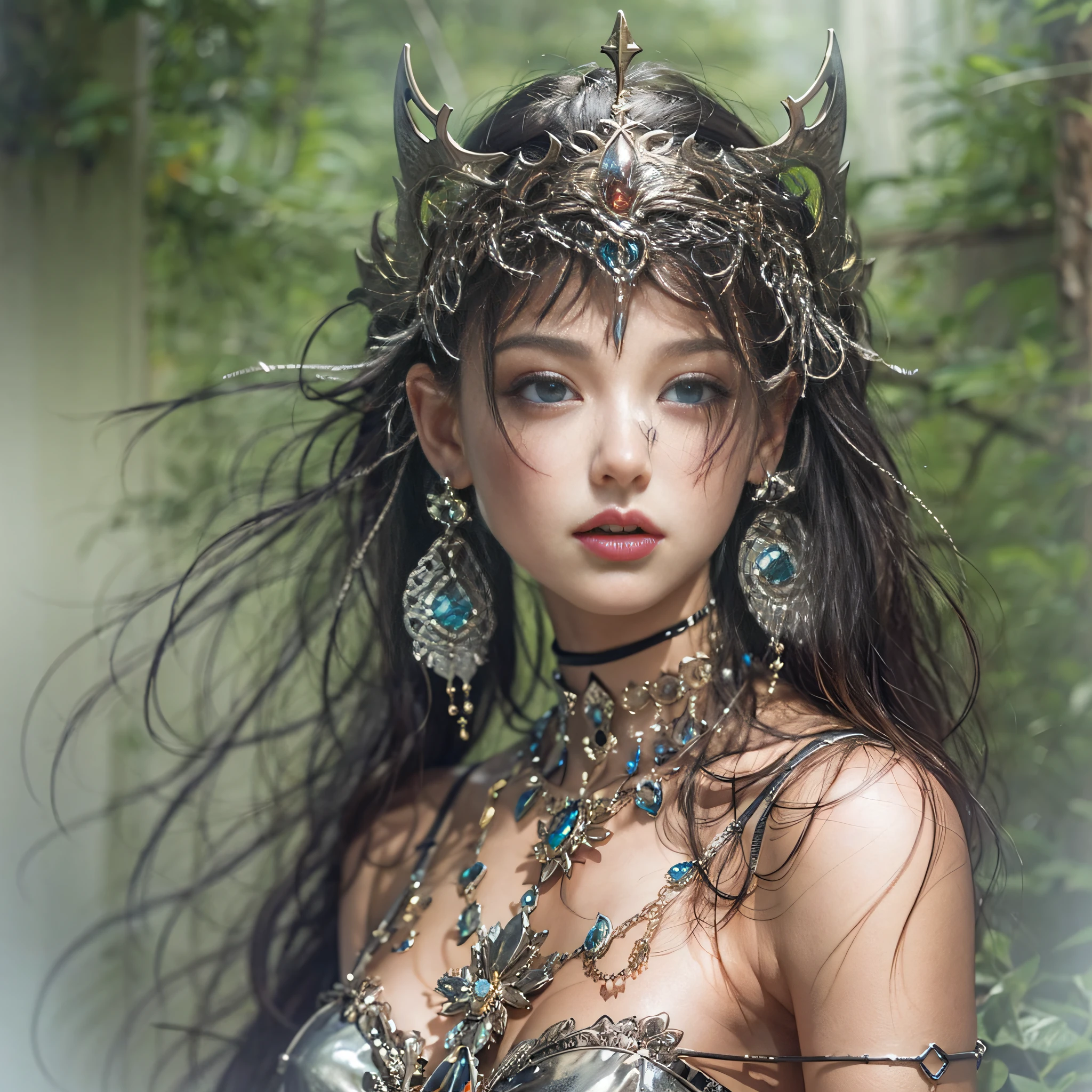((​masterpiece)、(top-quality)、(reallistic))、beautiful queen、Bondage style、latex shiny、By Luis Royo:1.4、1girl in、Sexy Daughter、Small fashionable tattoos、Attractive earrings with impressive beauty、a choker、a necklace、piercings、Super beauty、Super Ultra Ultra Bikini、standingn、fullllbody、Beauty in return、Fantastic mythological landscape