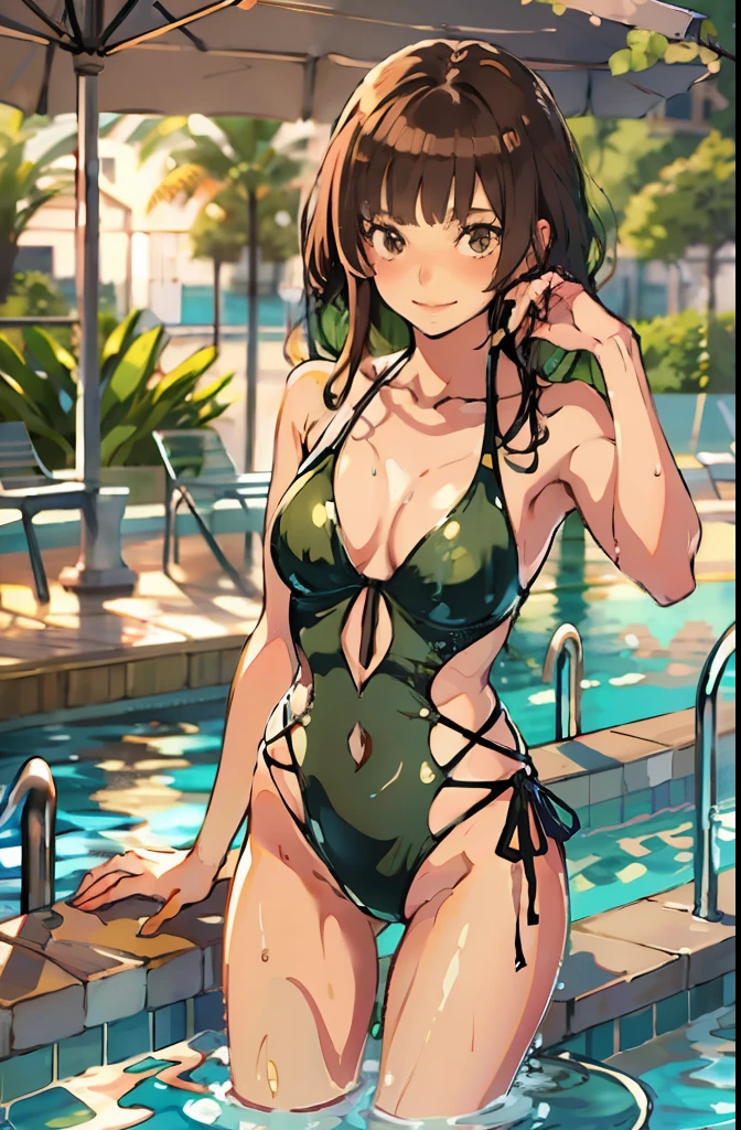 masutepiece, Best Quality, hight resolution, KR1, Brown eyes, Blunt bangs, nice hand, Perfect hands, onepiece swimsuit, Small breasts, Wet, in poolside, Smile,