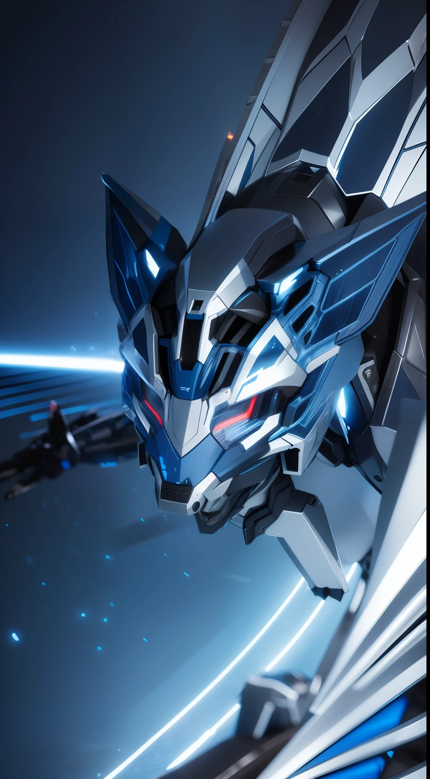 Silver-blue mech wolf,Mechanical skin,Crawling attack stance,Silver-toned mechanical articulated wing detailing,Explosive effect