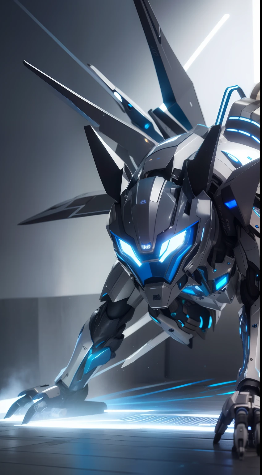 Silver-blue mech wolf，Mechanical skin，Crawling attack stance，Silver-toned mechanical articulated wing detailing，Explosive effect