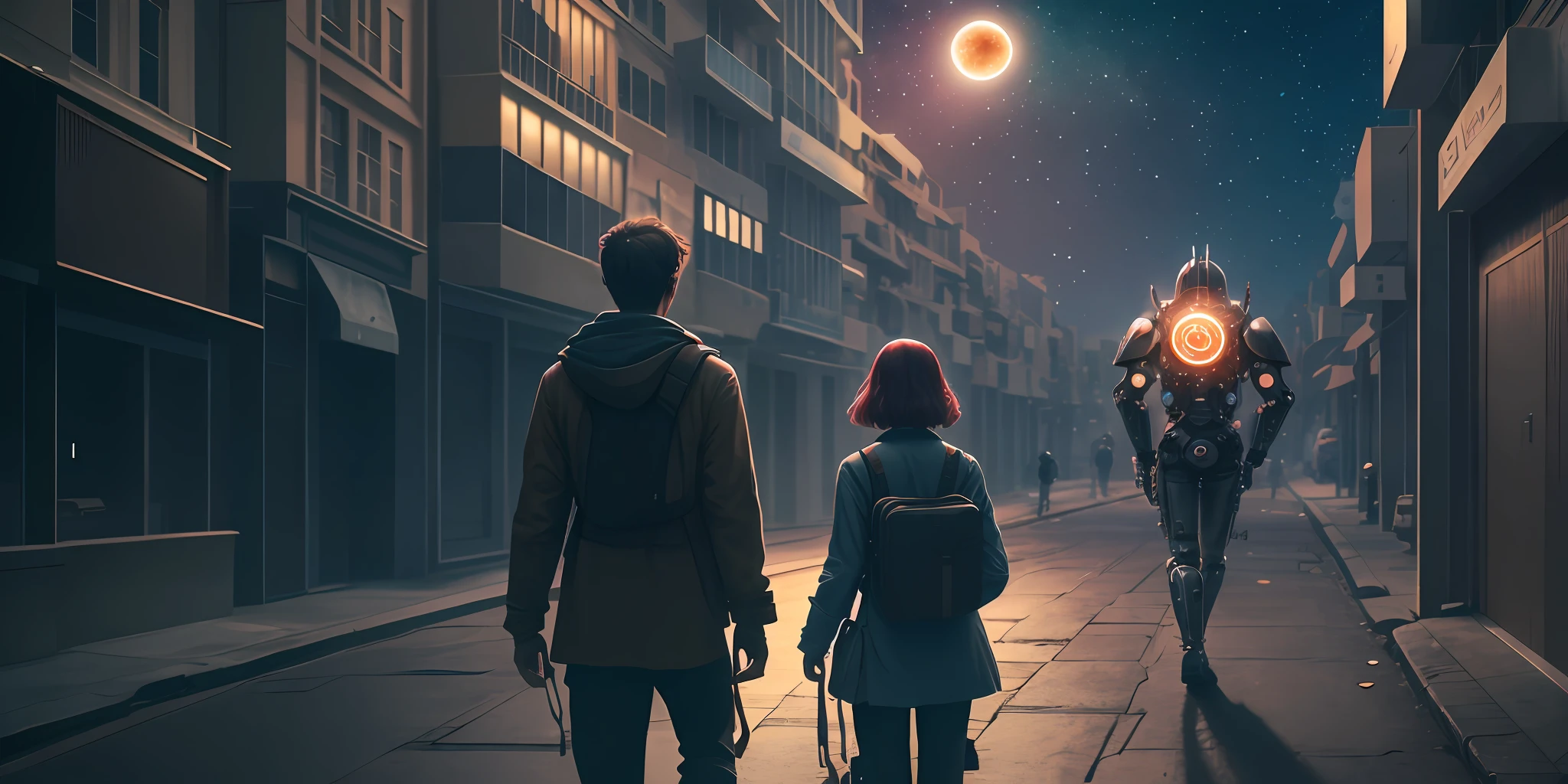 bored people wandering down a futristic street with mechanical science fiction devices, celestial bodies and ancient symbols, high resolution, HD, 1920x1080 px --auto --s2