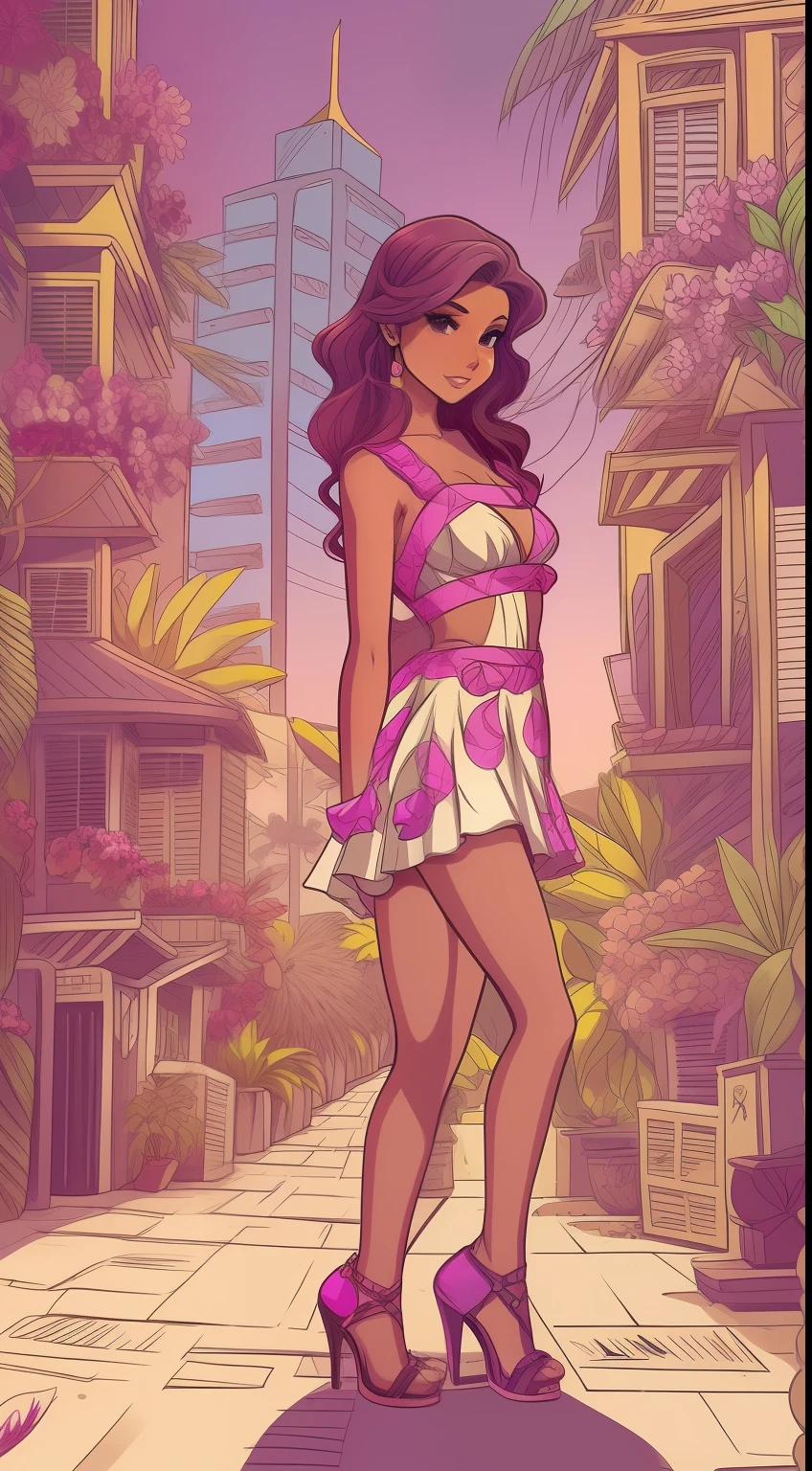 [mulher jovem], [corpo inteiro], [morena], vestido florido, estilo cartoon, estilo comic, contorno de linhas pretas 0.6, sentada na margem do rio, detalhes intrincados, highes definition