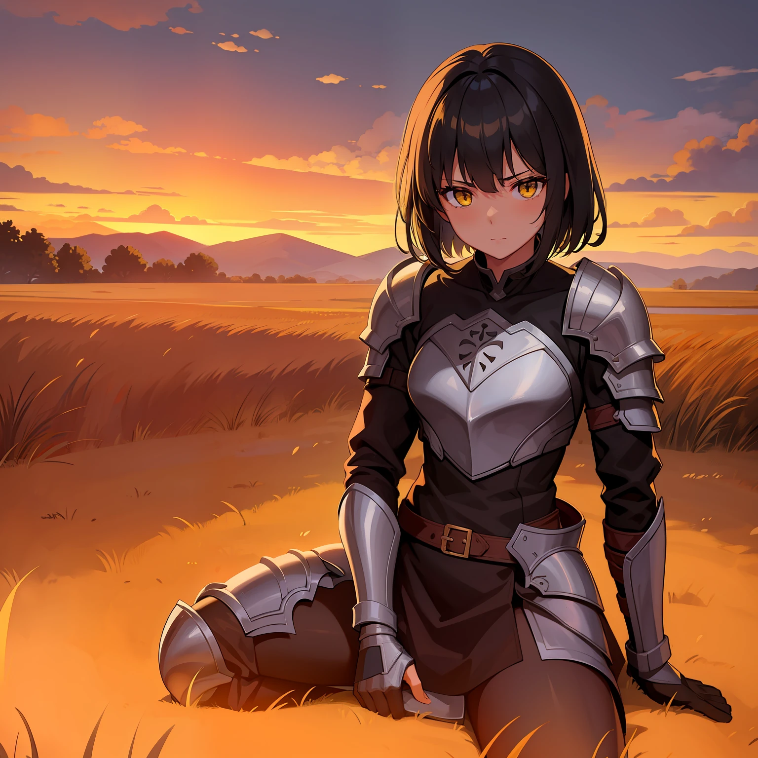 1.A  girl, 独奏,  Dirty knightly armor, Short Hair Hair, Black, Long bangs, yellow eyes, bandage on the right eye, Wheat field, evening, Orange sky, Yellow Sun, puddles, autumn, Falling leaves, Sateen, Clouds in the sky, Steam from the mouth, Sitting on the ground, The knight's helmet and sword lie on the ground, dark-skin.