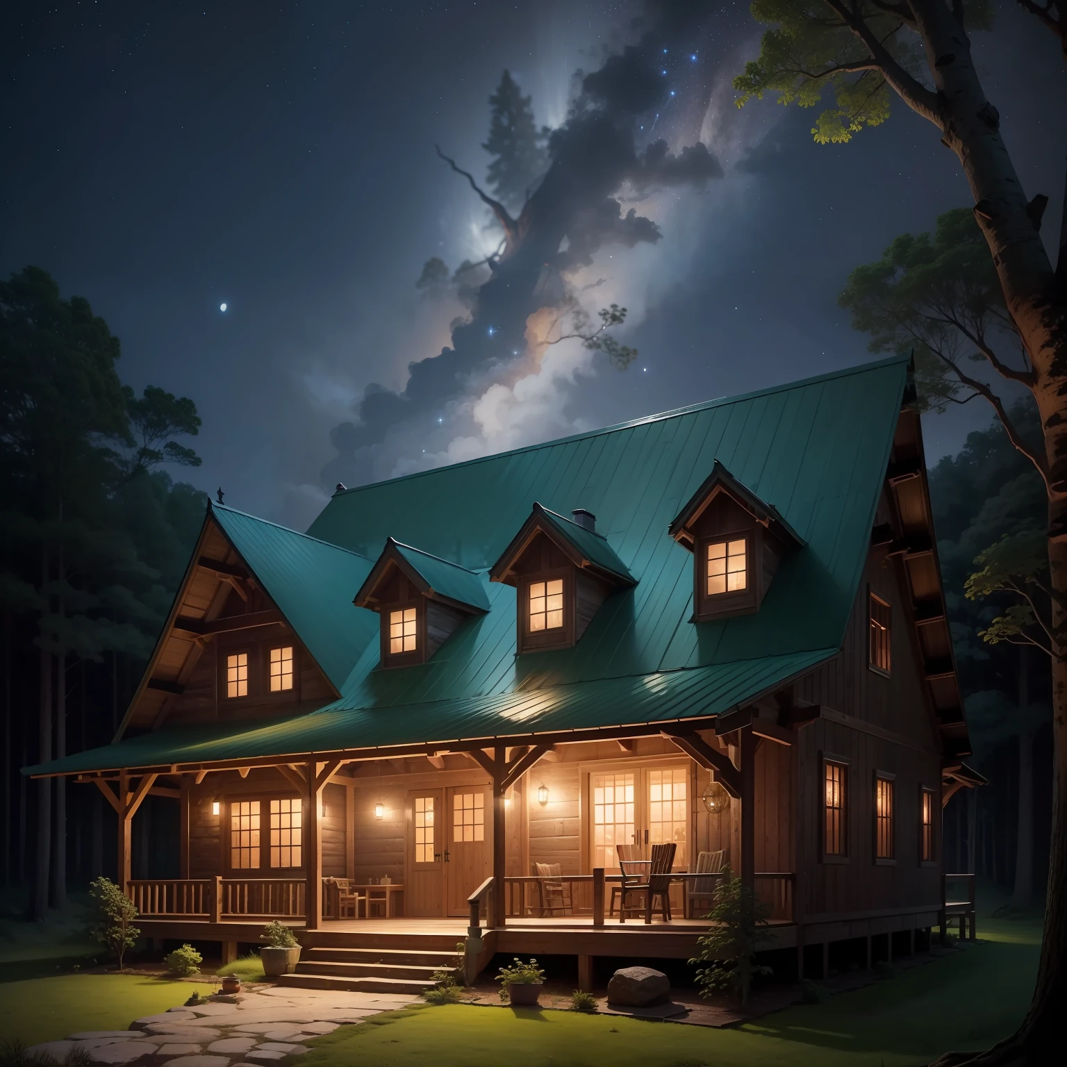 A rustic and charming house, nestled in the heart of a dense forest, under a starry night sky. A luz suave das estrelas e da lua ilumina a cena, while majestic trees envelop the house with their branches, criando um ambiente acolhedor e misterioso.