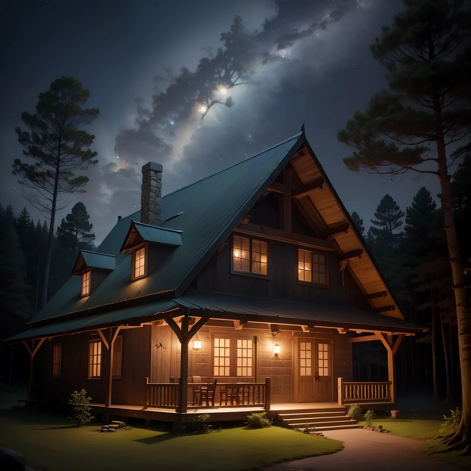 A rustic and charming house, nestled in the heart of a dense forest, under a starry night sky. A luz suave das estrelas e da lua ilumina a cena, while majestic trees envelop the house with their branches, criando um ambiente acolhedor e misterioso.