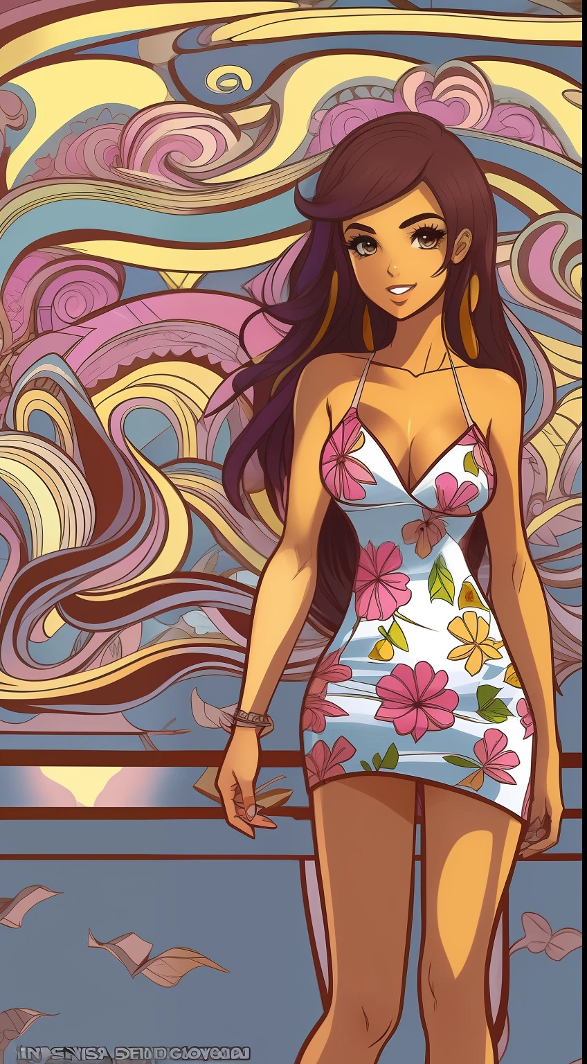 [mulher jovem], [corpo inteiro], [morena], vestido florido, estilo cartoon, estilo comic, contorno de linhas pretas 0.6, sentada na margem do rio, detalhes intrincados, highes definition