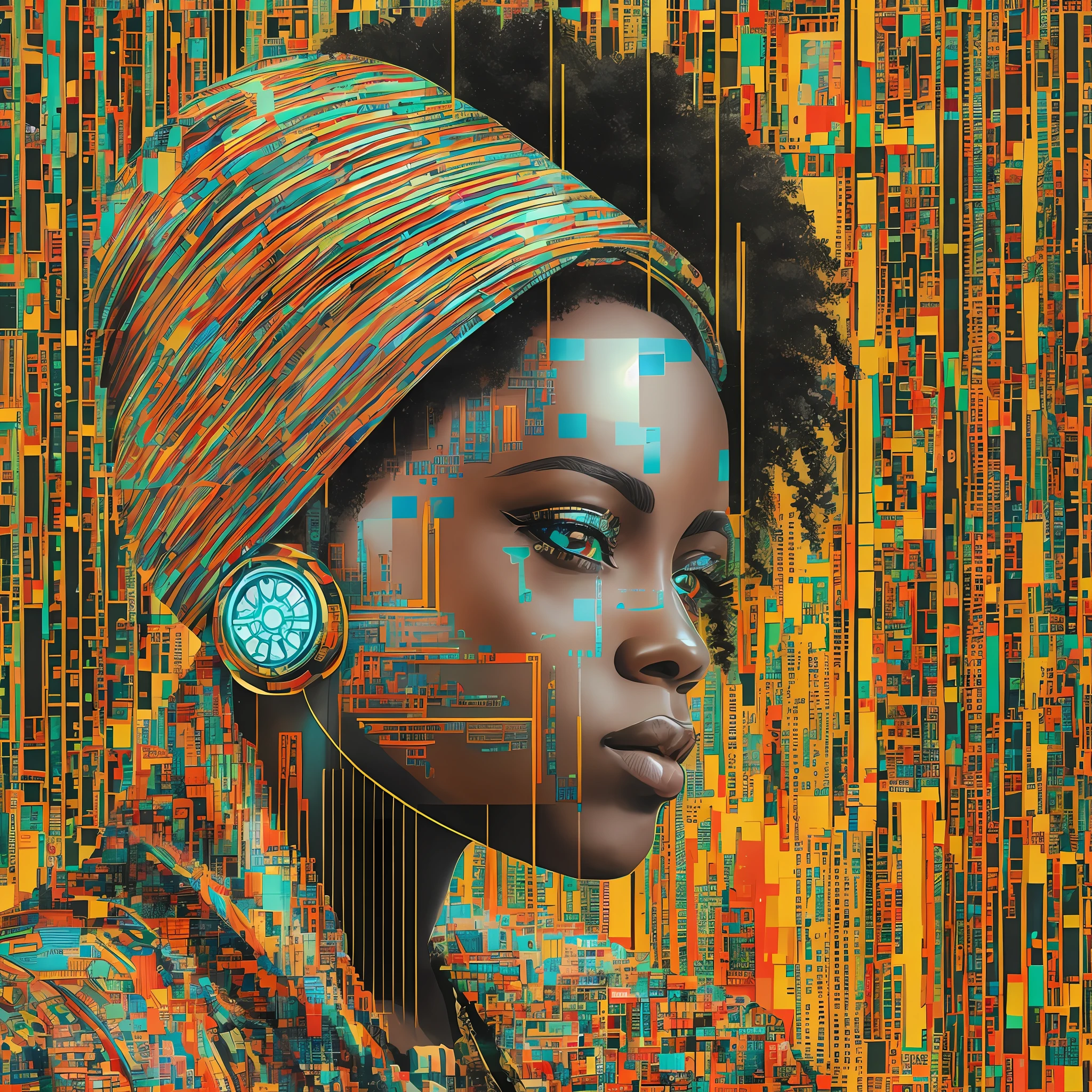 Mother-of-pearl cyberpunk ghost in the machine, neon Victorian circuit pulse style afro-techno made of digital binary barcode data, cryptopunk vector dot matrix futuristic generative art landscape, ultra-sharp intricate details::3 artwork by Hassan Hajjaj:: artwork by Mary Sibande:: artwork by Viviane Sassen:: artwork by Aida Muluneh:: artwork by Delphine Diallo --ar 9:16 --c 25 --s 1000