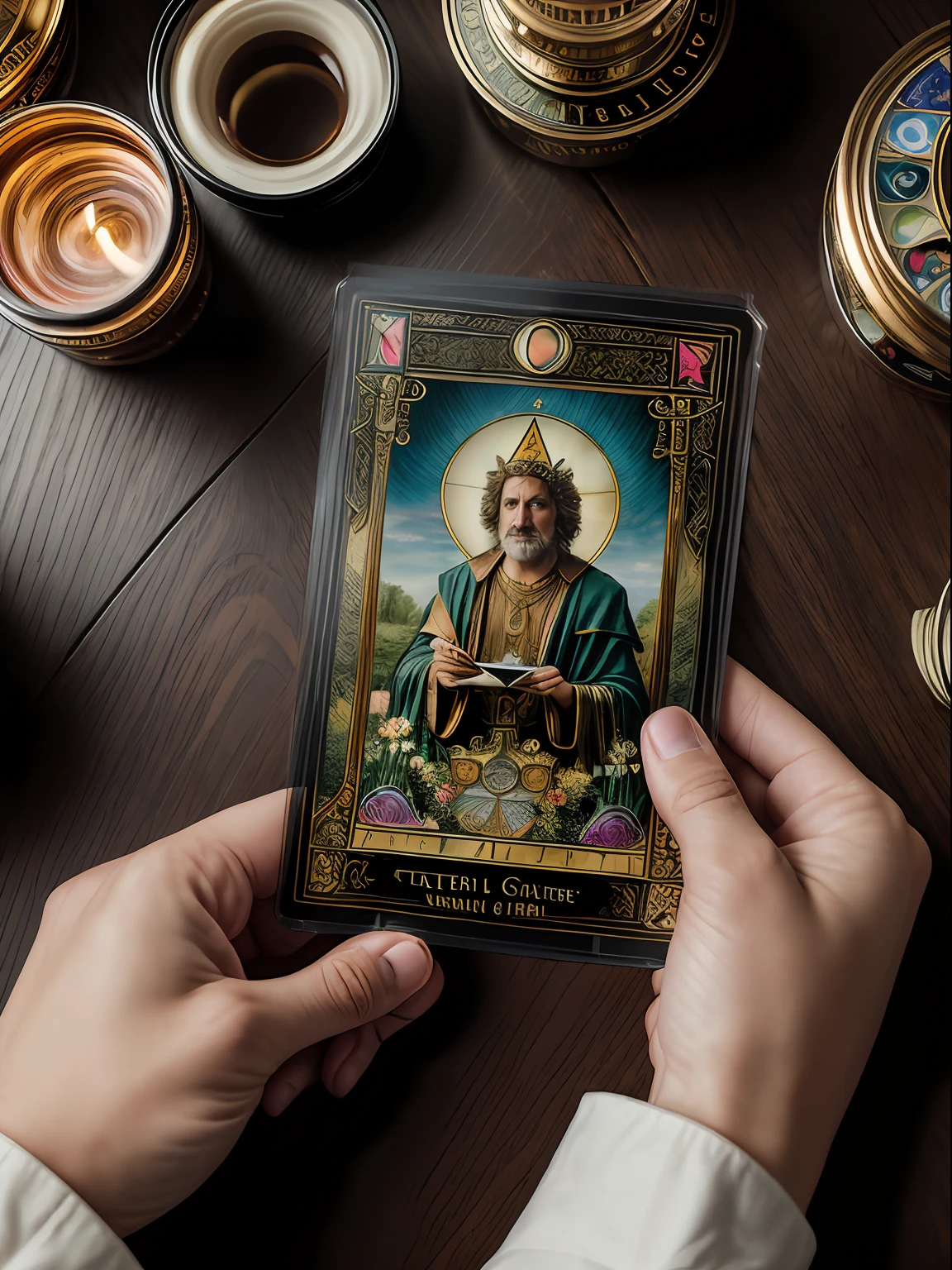 (masterpiece, high resolution, photorealistic: 1.4), (A mystic, magical and charming Tarot reader man. in a beautiful room full of Tarot themes objects:1.3). (Sony Alpha a7R IV camera expertly accustomed at capturing this captivating moment: 1.2), (combined with a versatile Sony FE 24-70mm f/2.8 GM lens, ensuring every detail is captured beautifully: 1.2) Delicate detail hands