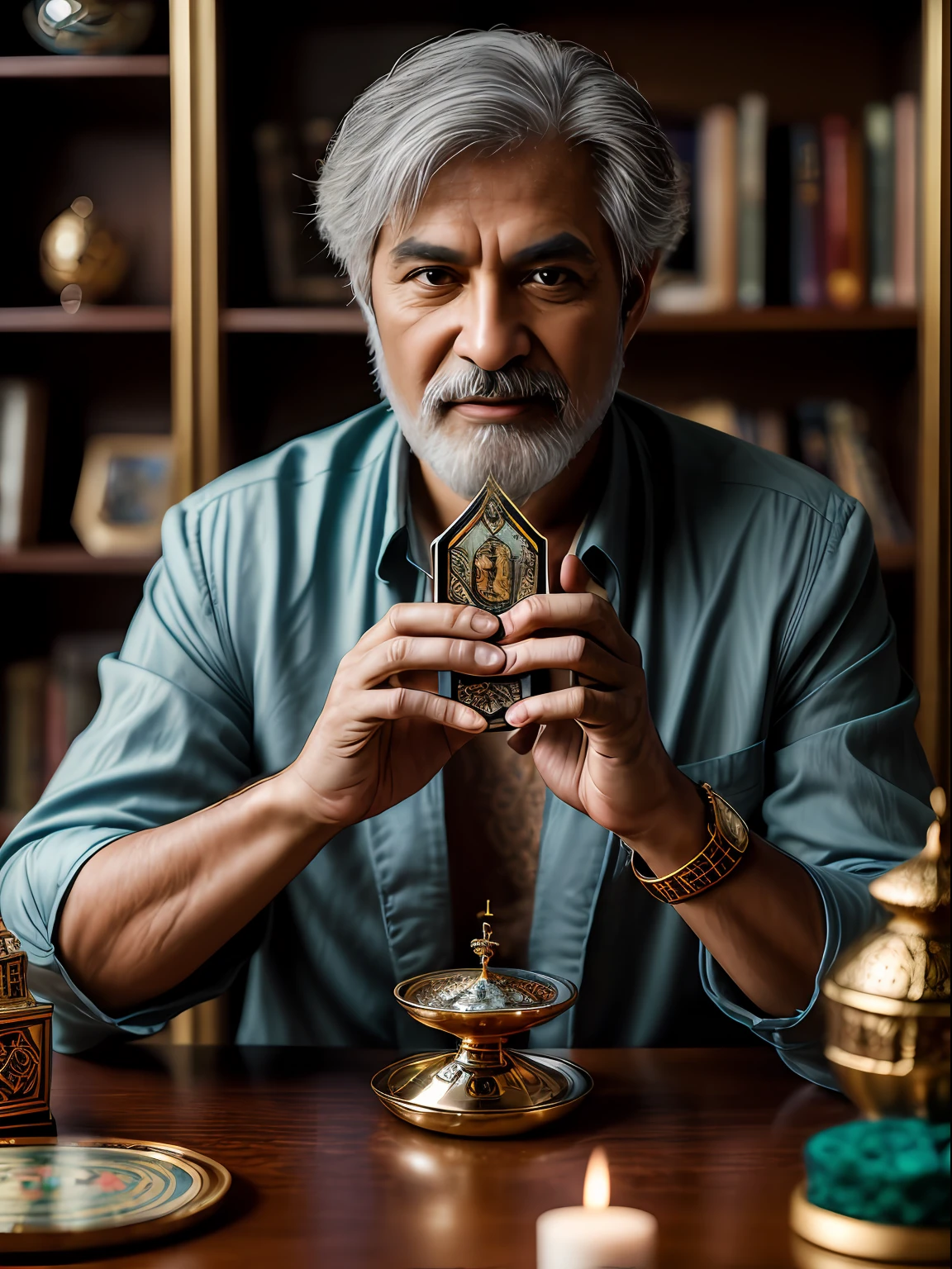 (masterpiece, high resolution, photorealistic: 1.4), (A mystic, magical and charming Tarot reader man. in a beautiful room full of Tarot themes objects:1.3). (Sony Alpha a7R IV camera expertly accustomed at capturing this captivating moment: 1.2), (combined with a versatile Sony FE 24-70mm f/2.8 GM lens, ensuring every detail is captured beautifully: 1.2) Delicate detail hands