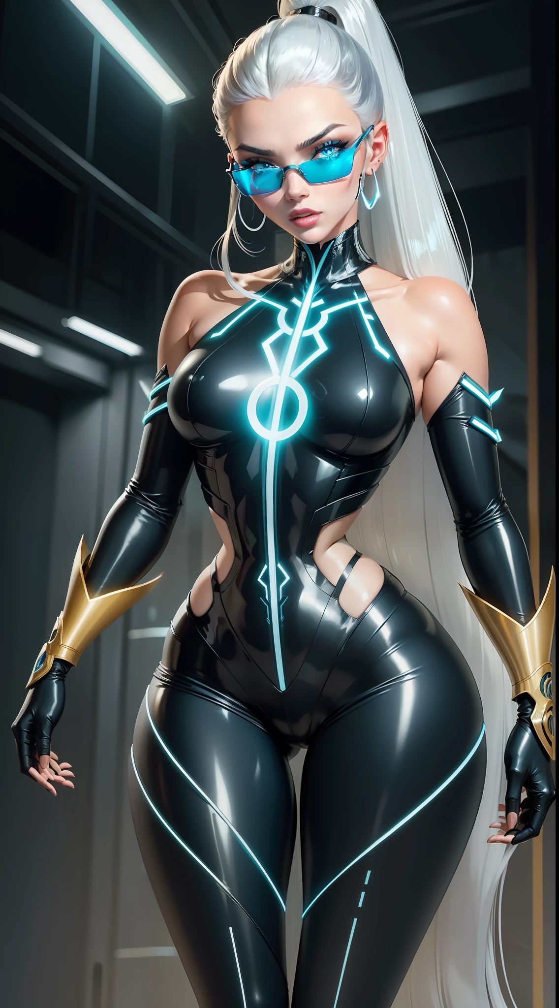 Uma mulher linda e sexy maligna de longos cabelos brancos que ostenta uma figura majestosa,que possui um corpo bem sexy com seios bem grandes, Dressed in futuristic Cyberpunk Tron armor that glows with shades of silver and electric blue. possui olho azuis que brilha com a energia temporal, He has hourglass symbols on his arms symbolizing the weaving of time in his hands.