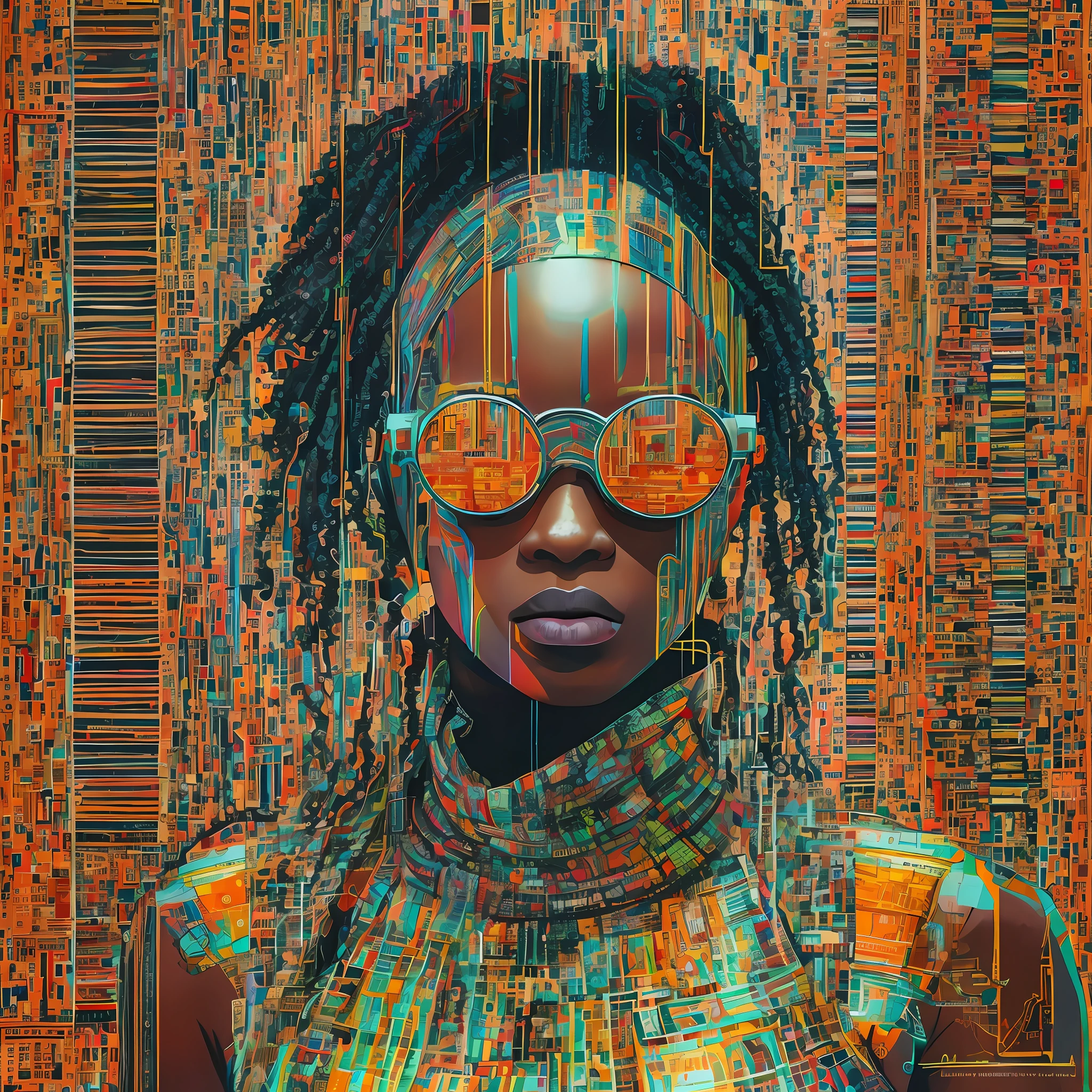 Mother-of-pearl cyberpunk ghost in the machine, neon Victorian circuit pulse style afro-techno made of digital binary barcode data, cryptopunk vector dot matrix futuristic generative art landscape, ultra-sharp intricate details::3 artwork by Hassan Hajjaj:: artwork by Mary Sibande:: artwork by Viviane Sassen:: artwork by Aida Muluneh:: artwork by Delphine Diallo