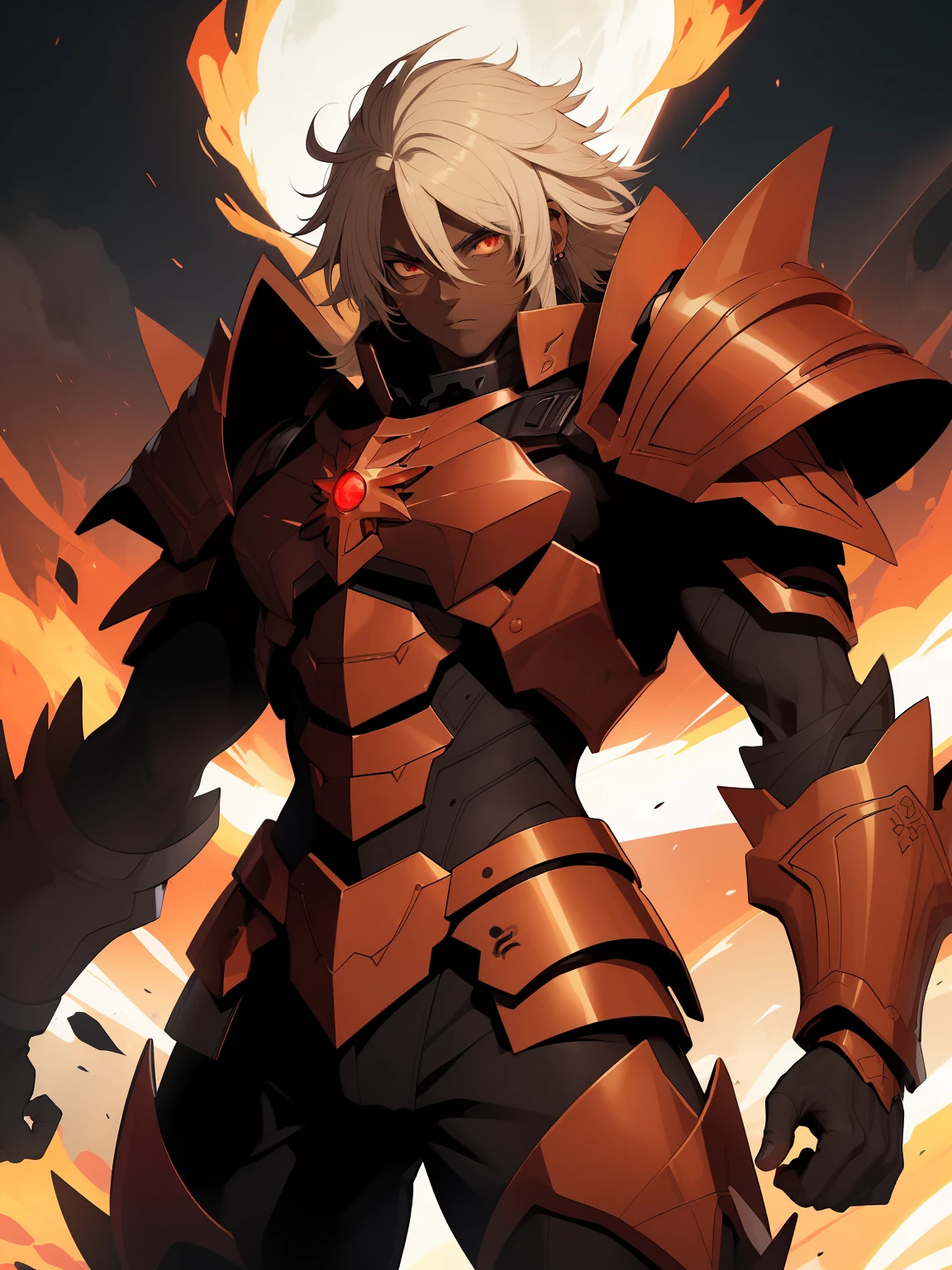 (Melhor qualidade, alta resolução, Obra-prima :1.3),black skinned anime guy, blond hairs, full black monster armor with red neon details, brown skin, anime style 2D,4k, fire powers.