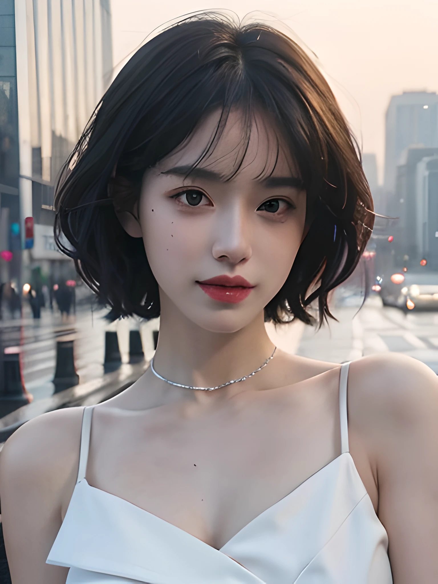 randome pose, mix4,(8K, RAW photo, Best quality, Masterpiece:1.2), (Realistic, photo-realistic:1.37),1girll,Cute,Cityscape, Night, rain, Wet, Professional lighting, photon maping, Radio City, Physically-based rendering,, gradient black colour hair,, White hair, Short curly hair, Handsome, Girl, white ball suit, top quality picture, high resolution, 1080p, (Clear face), (Detailed facial description), (Detailed hand description), (Masterpiece), (exquisite CG), Extreme light and shadow, Messy hair, Master's work, rich details, (Fine facial features), (highest quality picture), (Masterpiece), (Detailed eyes),Look ahead with your eyes,fine collar bone