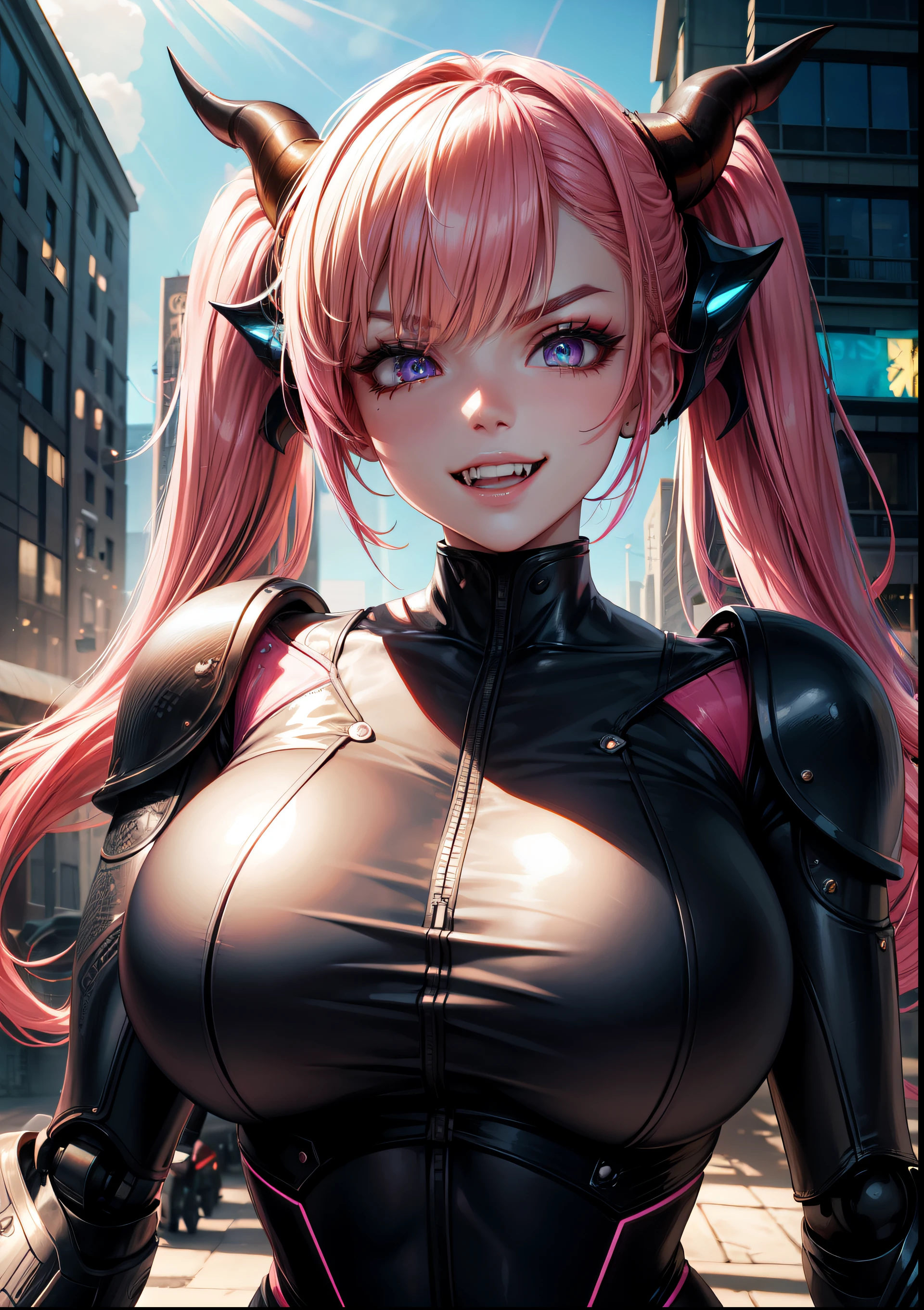 4k, twin tails ,Lens flare, pink hair ,mascara, eyeliner, god rays, 4k, 8k, best quality, masterpiece, hyper detailed, intricate detail, 1girl, solo, detailed, Detailed fuschia hair ++, detailed pink eyes ++,  raytracing, perfect shadow, highres, enhanced eyes,  huge breasts, horns,   evil grin, narrow eyebrows, seductive, fangs, hyper detailed, interesting background, , detailed face, detailed clothing. volumptuous, colourful background, futuristic setting, ai, cyberwear, robot, in the city