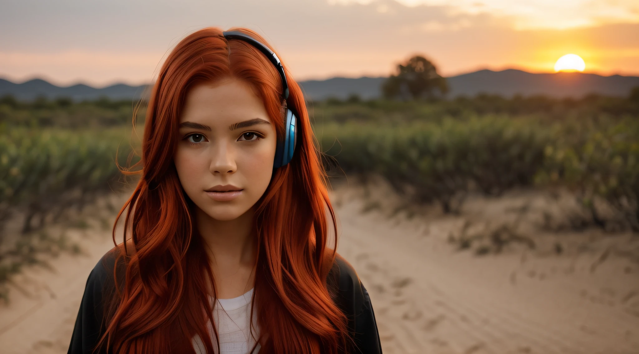Red-haired woman with headphones in front of a sunset, Deusa dos cabelos ruivos, usando fones de ouvido, cabelos vermelhos brilhantes, cabelo de fogo, pele laranja e cabelo ardente longo, meninabelos vermelhos, arte de fundo, cabelos flamejantes, flowing red hair, Fones de ouvido vermelhos, cabelos vermelhos ardentes, menina do caermelho, longos cabelos ruivos brilhantes, Redhead Girl, cabelo laranja brilhante, cabelo feito de fogo