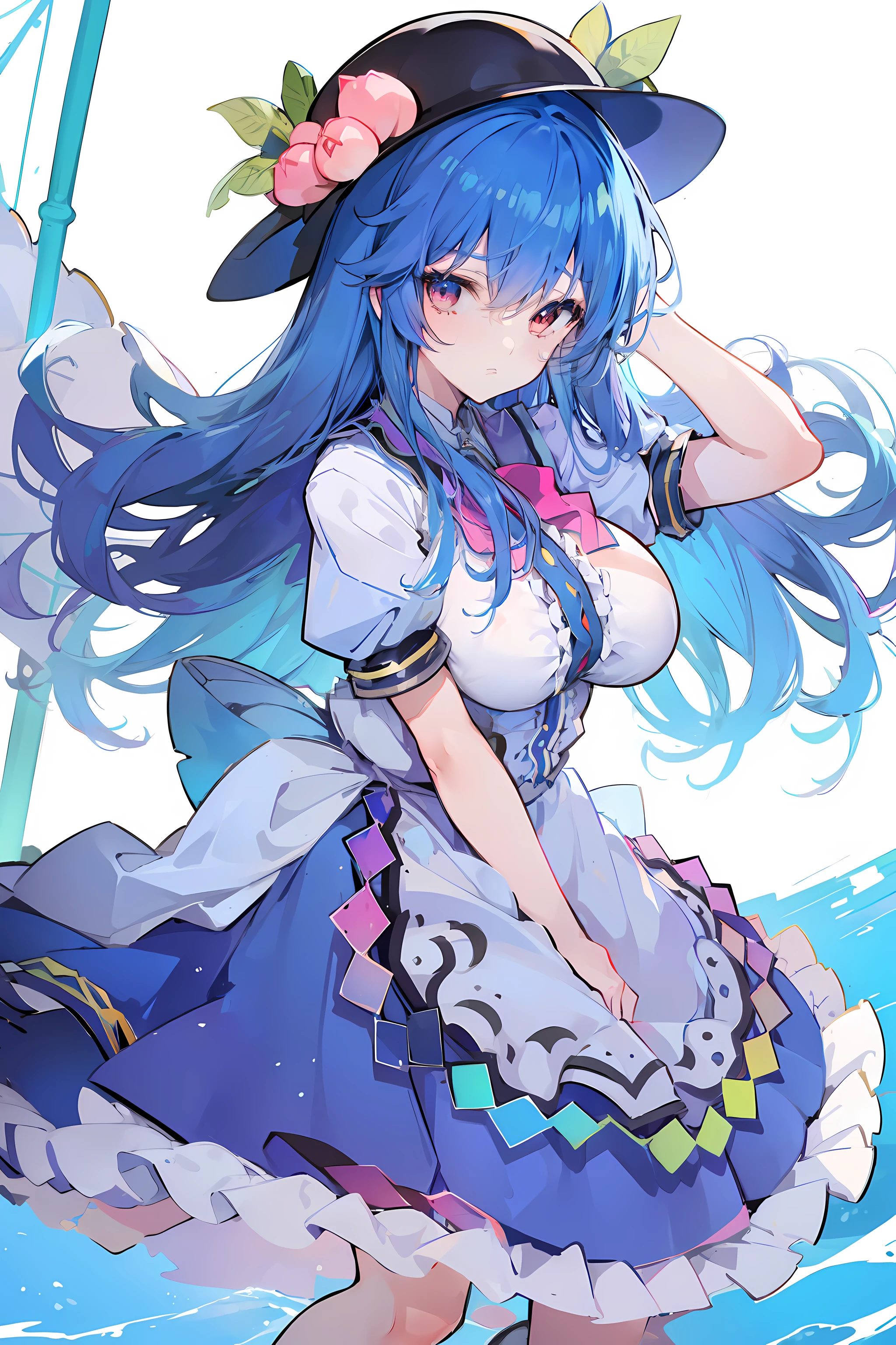 (masterpiece),best quality, expressive eyes, perfect face, 1girl,
big breast, H-cup, good breast, hands on waist,beautiful, gorgeous,anime,girl,lora,hinanawi tenshi, blue hair, blue haired,tent boobs, tent chest, tent breast, floating clothes