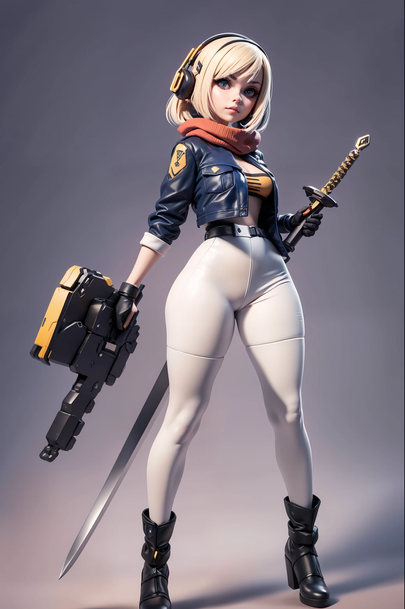 mascote feminina, pequena, corpo pequeno, Ray-tracing, cintura fina, pequena, com vestes antigas, vestes russas, roupas de frio, hot pants e botas, with sword in hand, arma futurista apontando para esquerda, pose para esquerda, espada estilo doom detalhada, espada grande com cores variadas, Espada futurista, cintura pequena, luz complexa, espada cyberpunk em punho, sock with horizontal stripes in two colors up to the thigh, luz complexa, wool, pants with many folds, luvas exclusivas, dynamic position, visual escuro, visual escuro, giant sword in hand, Atacando, cintos em volta da cintura, bainha detalhada, espada laser gigante, meia listrada, short curto tecidos variados, visual escuro, sombria, Olhos vermelhos, Traits I didn't bring, prints, pulseira de espinhos grandes, cabelo curto, Magias de poder, nier automata, cabelos vermelhos, ((Armadura futurista)), Cyberpunk, futuristic weapon in hand, seios grandes, bunda grande, (((cabelos castanhos))), subsurface media, subsurface