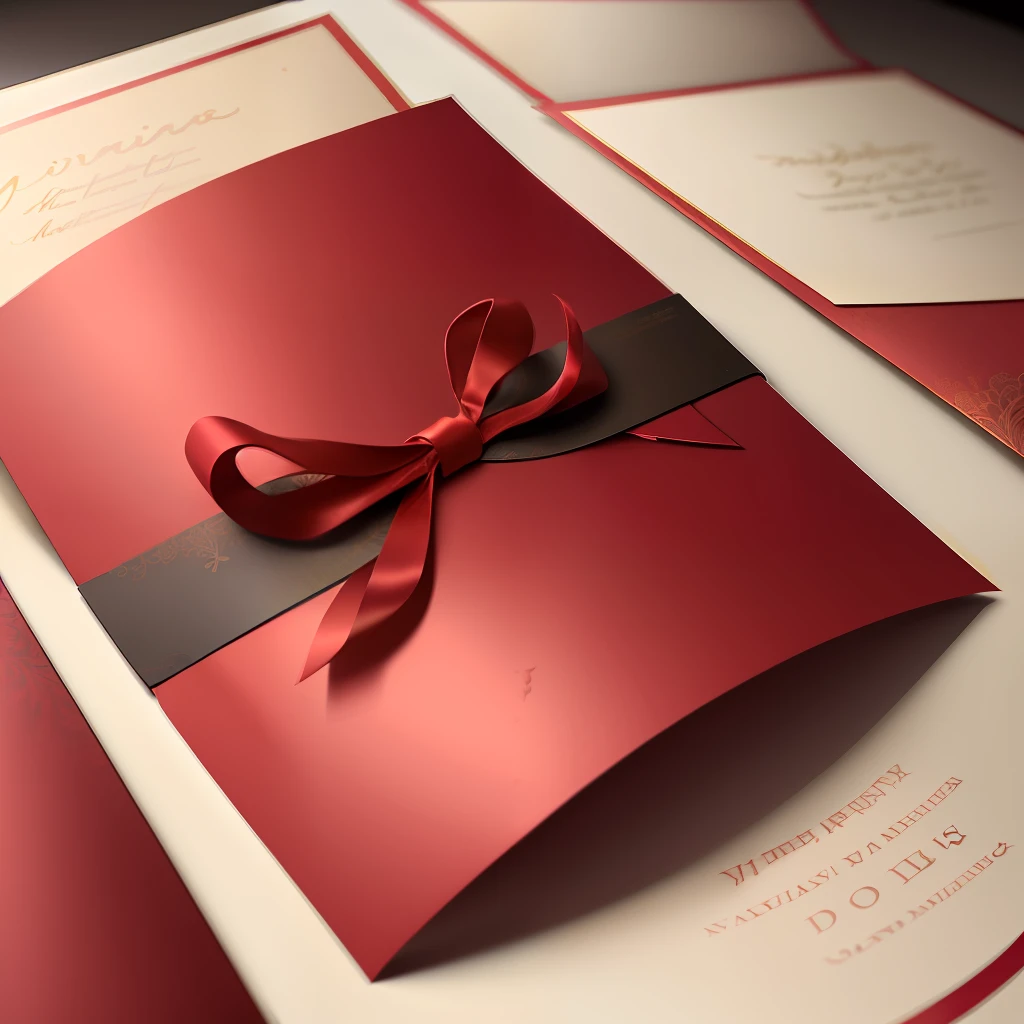 (Detailed invitations:1.3)、(high qulity:1.1)、Gorgeous and elegant, Paper, crimson themed, Gold border, Delicate floral pattern, (Dark red ribbon:1.2), (shiny:1.1), (Texture:1.1), Rich detail design, (noble:1.2), Perfect for weddings or formal occasions。